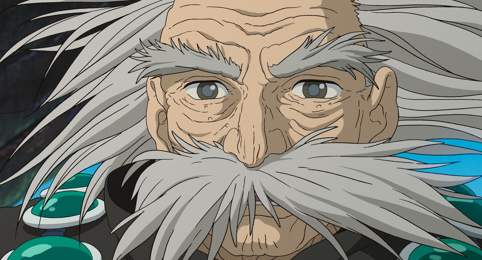 An old man with wild white hair and an equally wild white mustache —&nbsp;seriously, he’s almost all hair —&nbsp;in closeup in Hayao Miyazaki’s movie How Do You Live?, known internationally as The Boy and the Heron