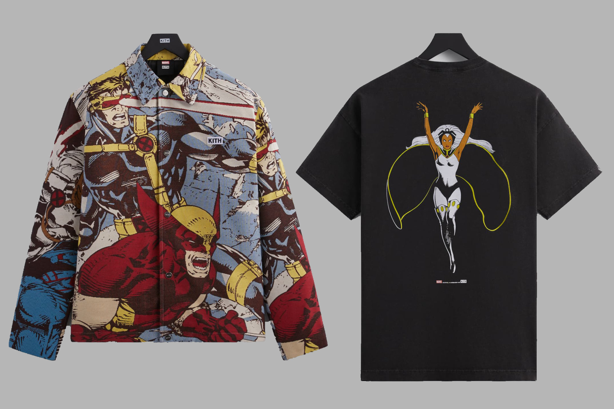 An image featuring an X-Men inspired jacket and T-shirt made by Kith in collaboration with Marvel.