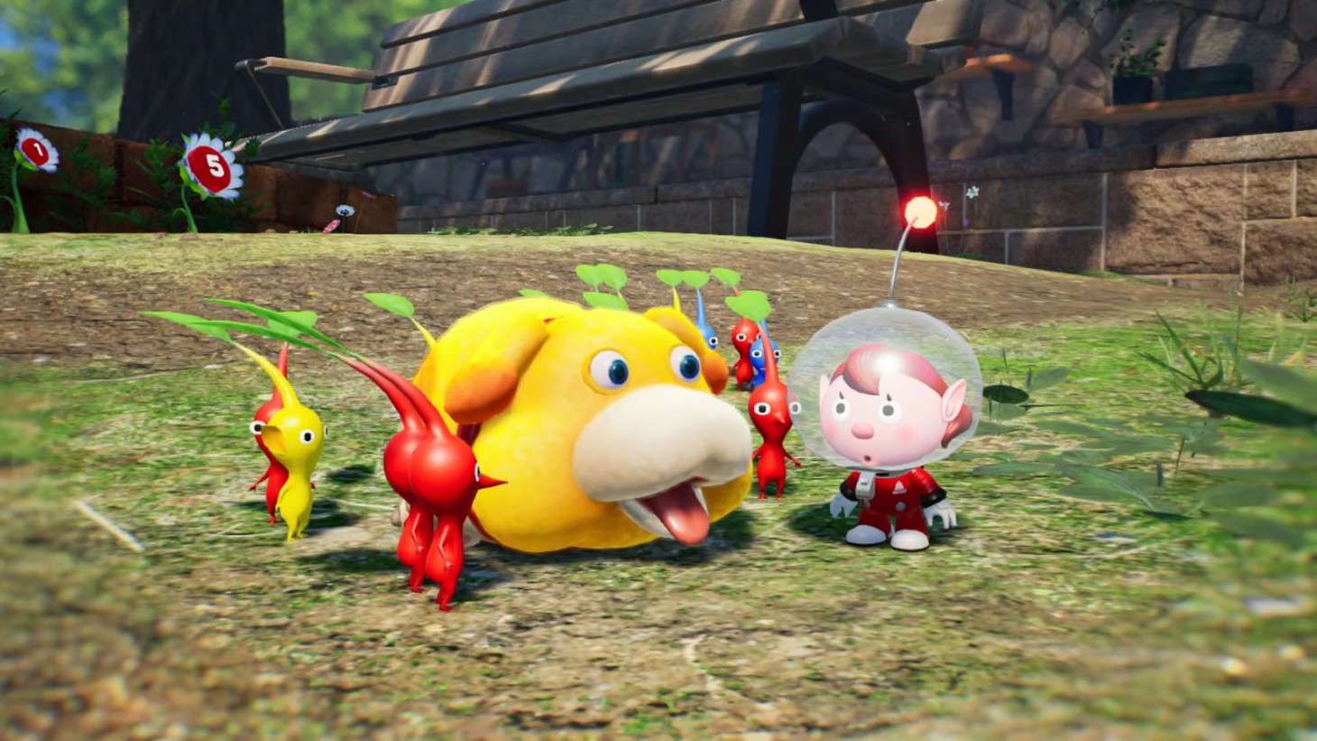 The protagonist converses with several pikmin and a yellow dog in Pikmin 4