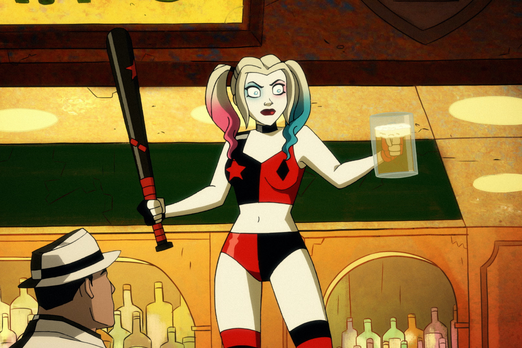 Harley Quinn stands on a bar, bat in one hand, full beer stein in another, in season 2 of Harley Quinn.