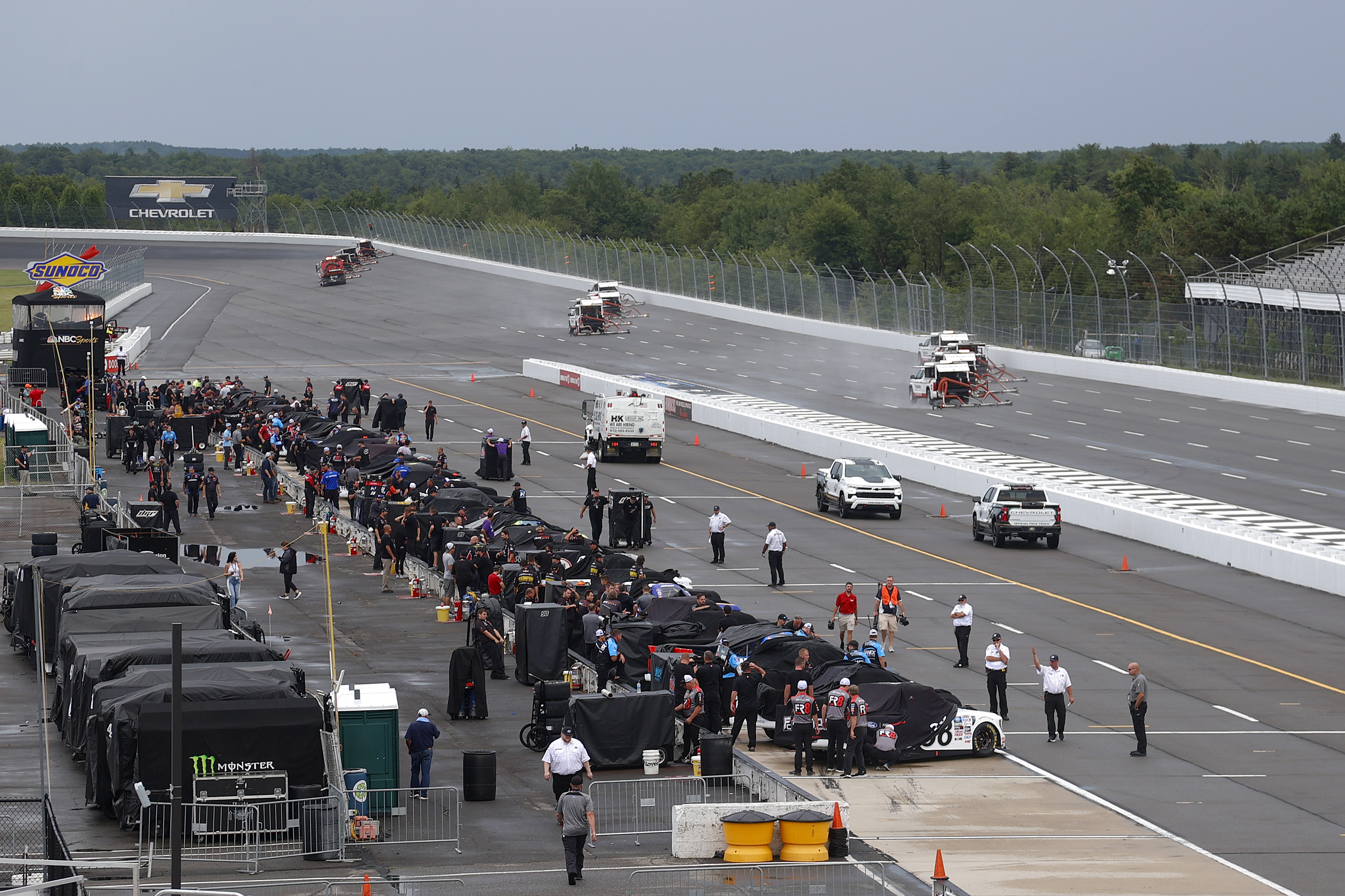 A general view of the track prior to a weather cancellation of practice and qualifying for the NASCAR Camping World Truck Series CRC Brakleen 150 at Pocono Raceway on July 22, 2022 in Long Pond, Pennsylvania.
