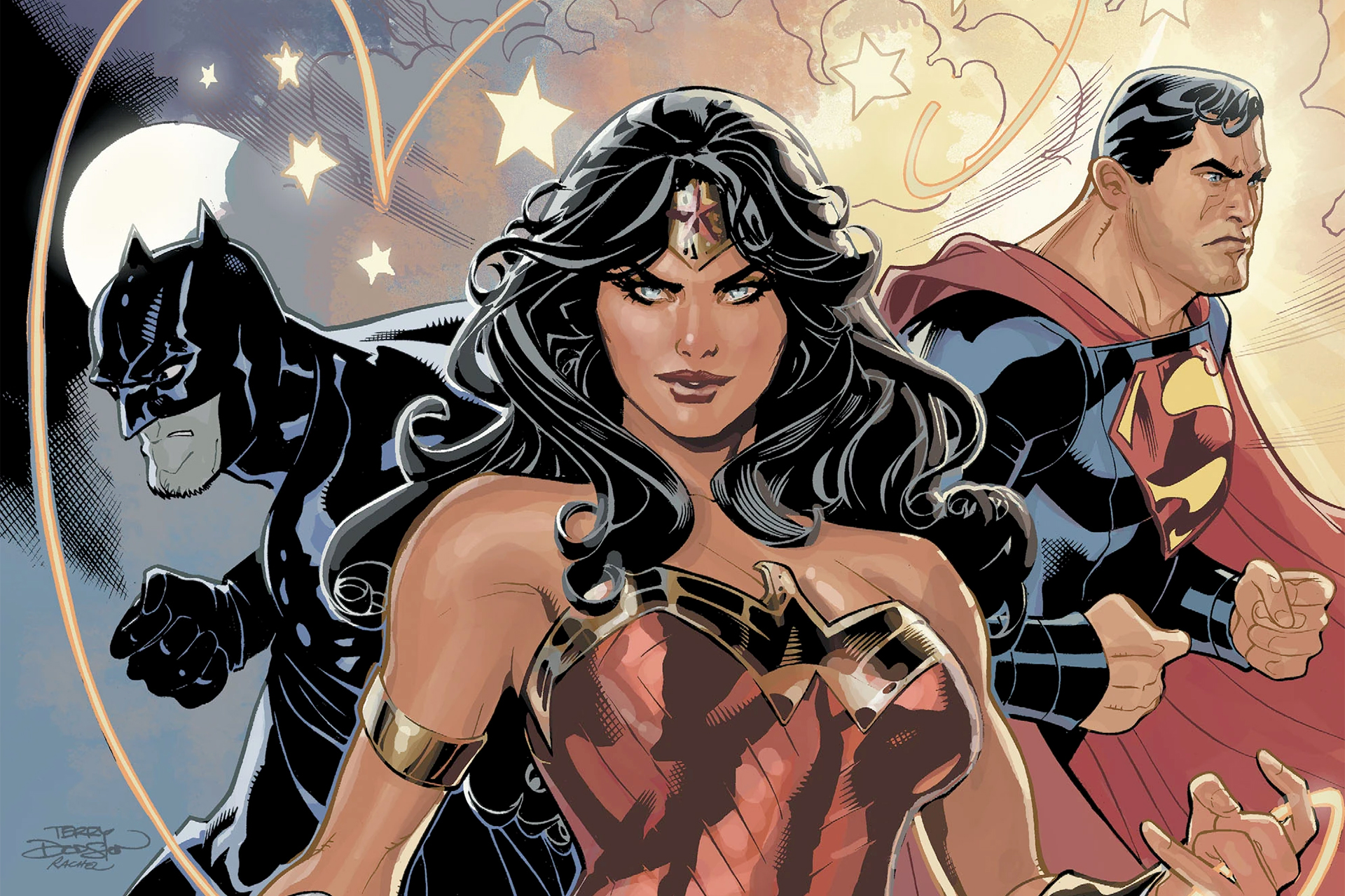 Batman, Wonder Woman, and Superman stand side by side in cover artwork from Justice League (Volume 4) #28