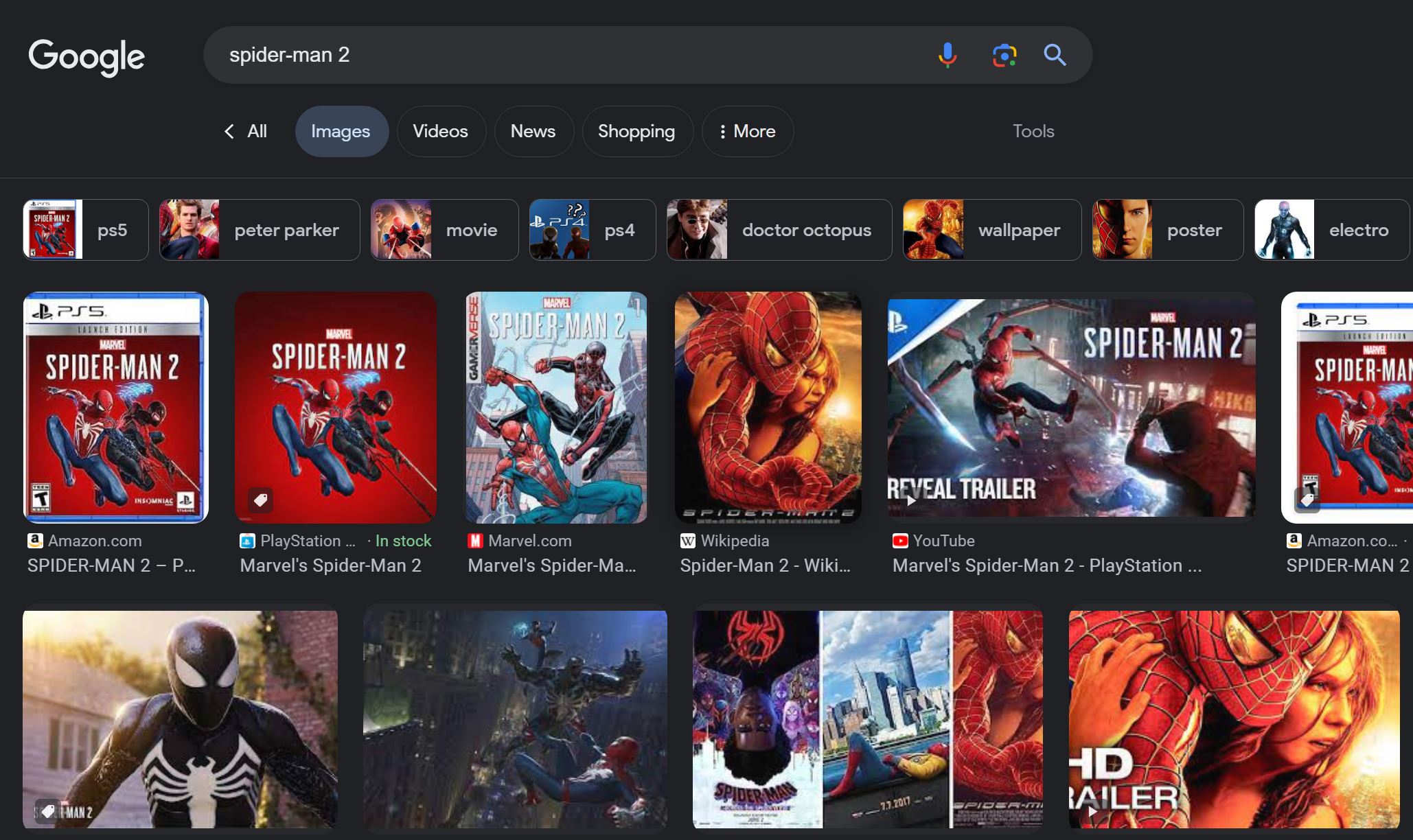 A screenshot of a Google Image Search using the phrase “Spider-Man 2” depicts images of the PS5 game Marvel’s Spider-Man 2, as well as multiple images from various eras of Spider-Man movie sequels