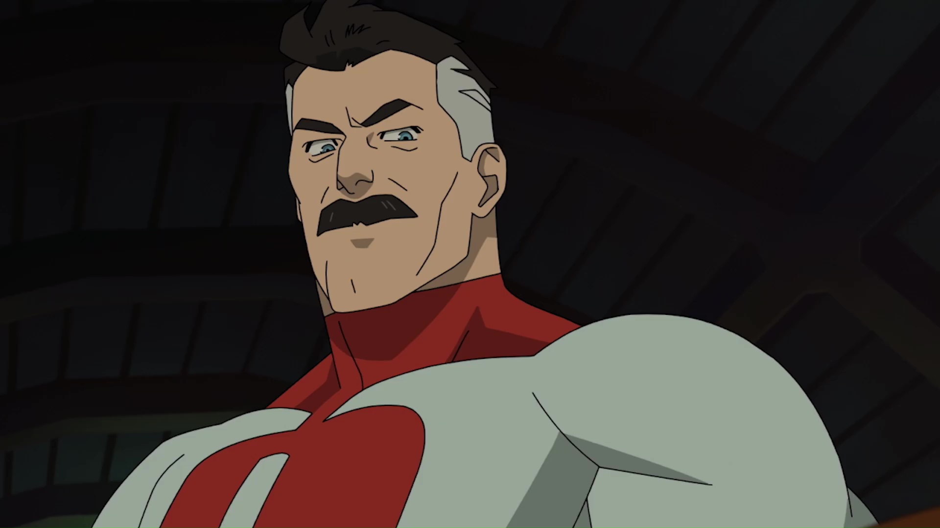 Omni-Man from Invincible wearing his red and white costume 