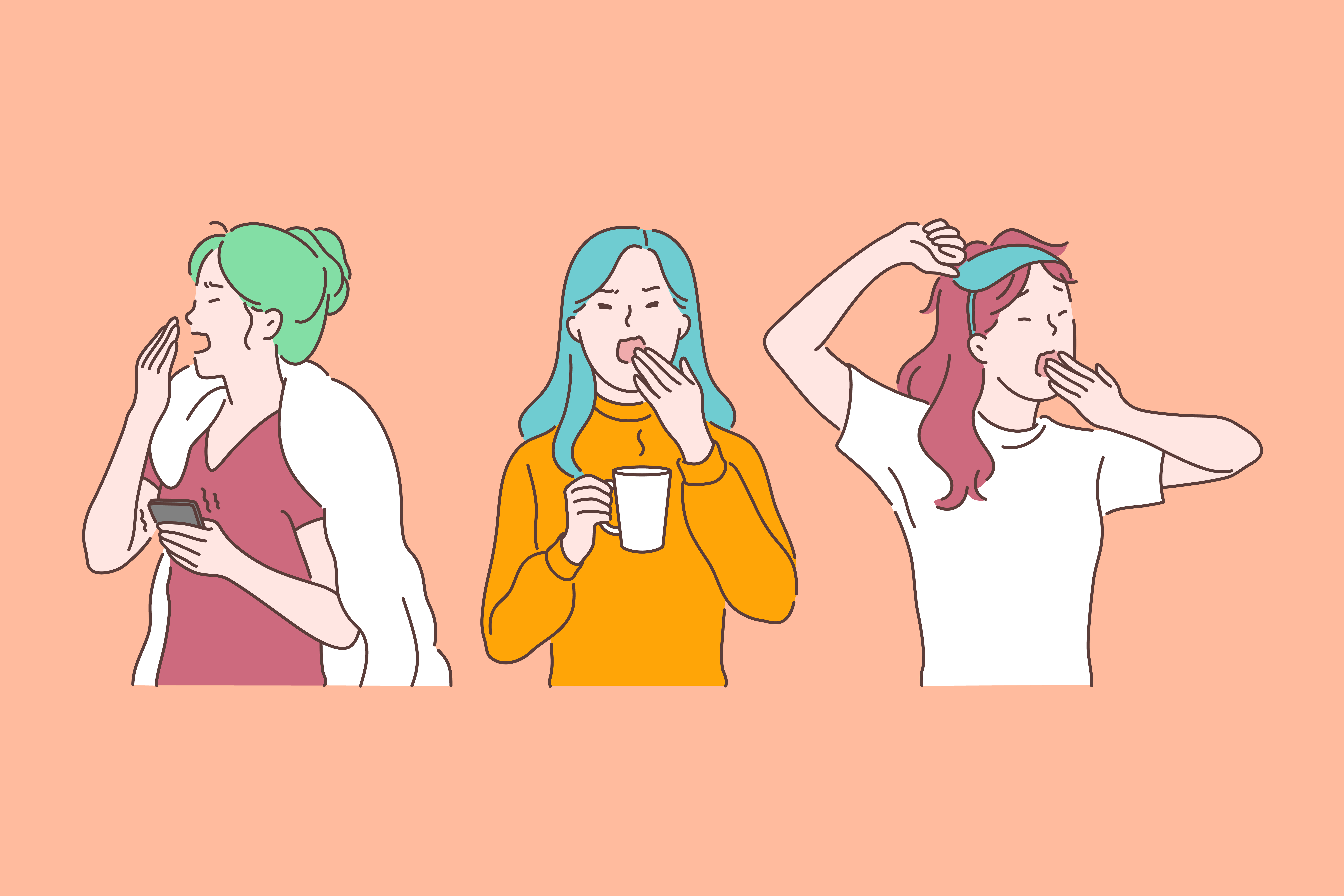 An illustration on a peach-colored background of three women, all yawning in different contexts — one is on the phone, another is holding a cup, while the third is just waking up.