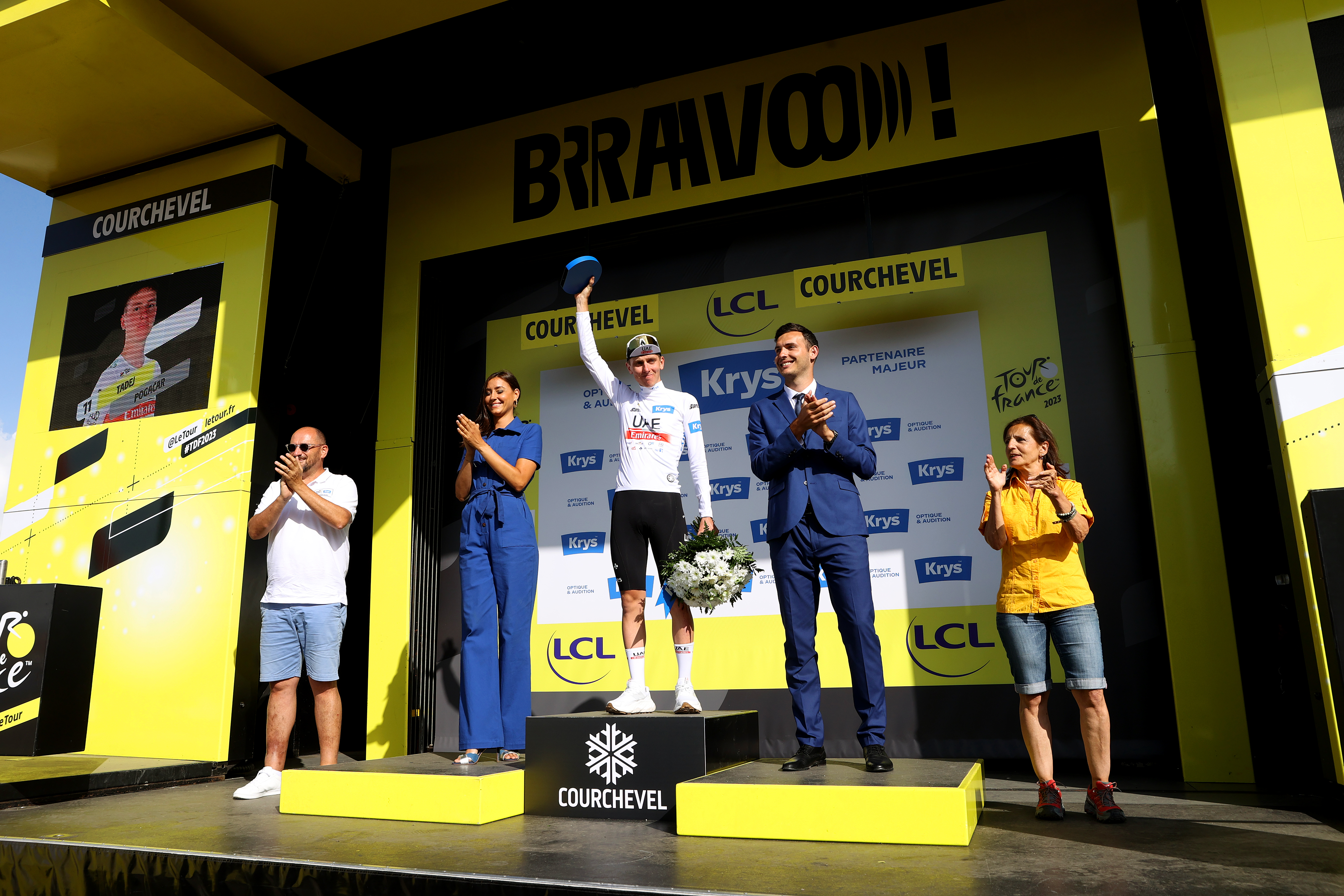 Tadej Pogacar of Slovenia and UAE Team Emirates - White Best Young Rider Jersey celebrates at podium during the stage seventeen of the 110th Tour de France 2023 a 165.7km at stage from Saint-Gervais Mont-Blanc to Courchevel / #UCIWT / on July 19, 2023 in Courchevel, France.
