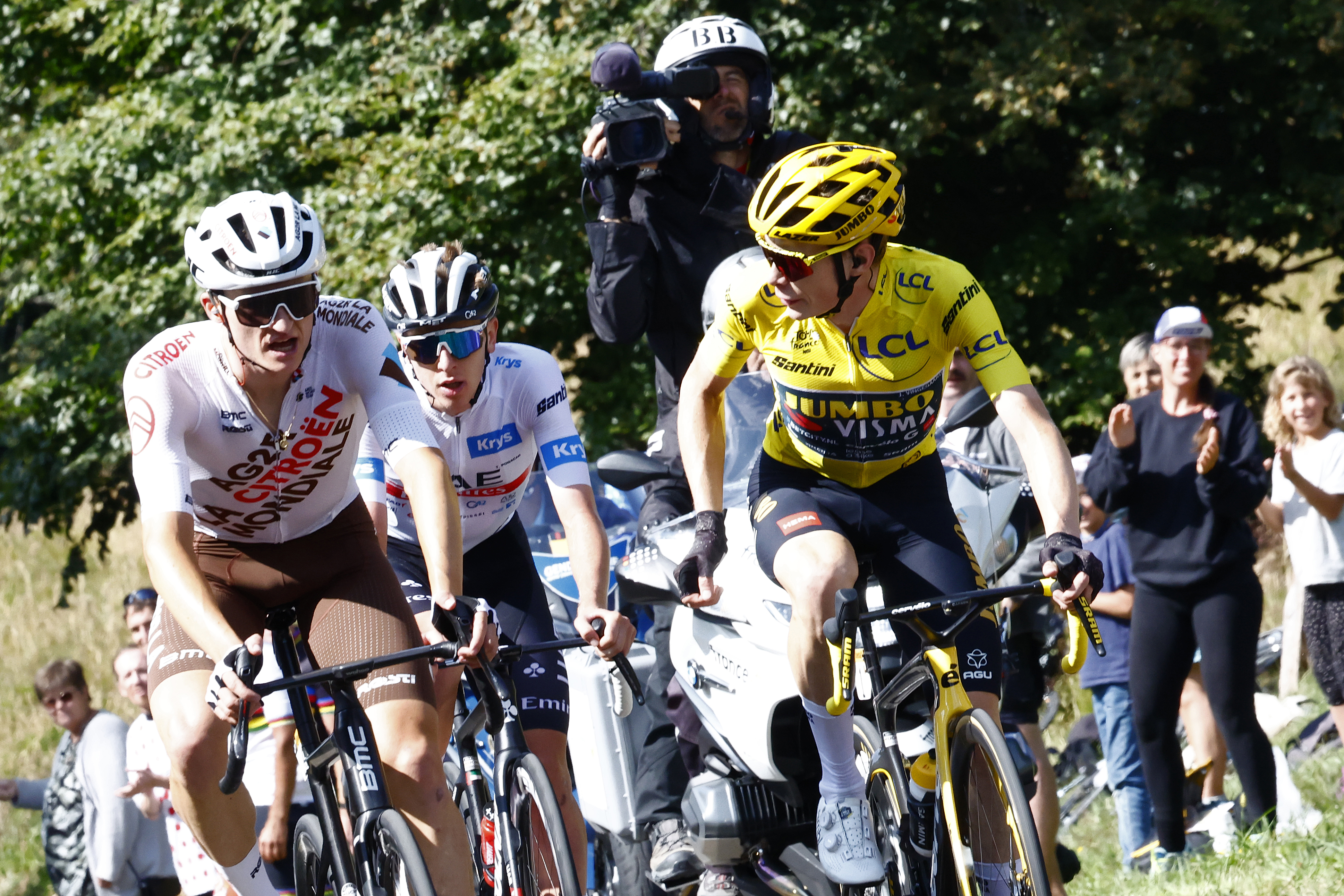 Felix Gall of Austria and Ag2R Citroën Team, Jonas Vingegaard of Denmark and Team Jumbo-Visma - Yellow leader jersey, Tadej Pogacar of Slovenia and UAE Team Emirates - White best young jersey during the stage twenty of the 110th Tour de France 2023 a 133.5km stage from Belfort to Le Markstein 1192m / #UCIWT / on July 22, 2023 in Le Markstein, France.