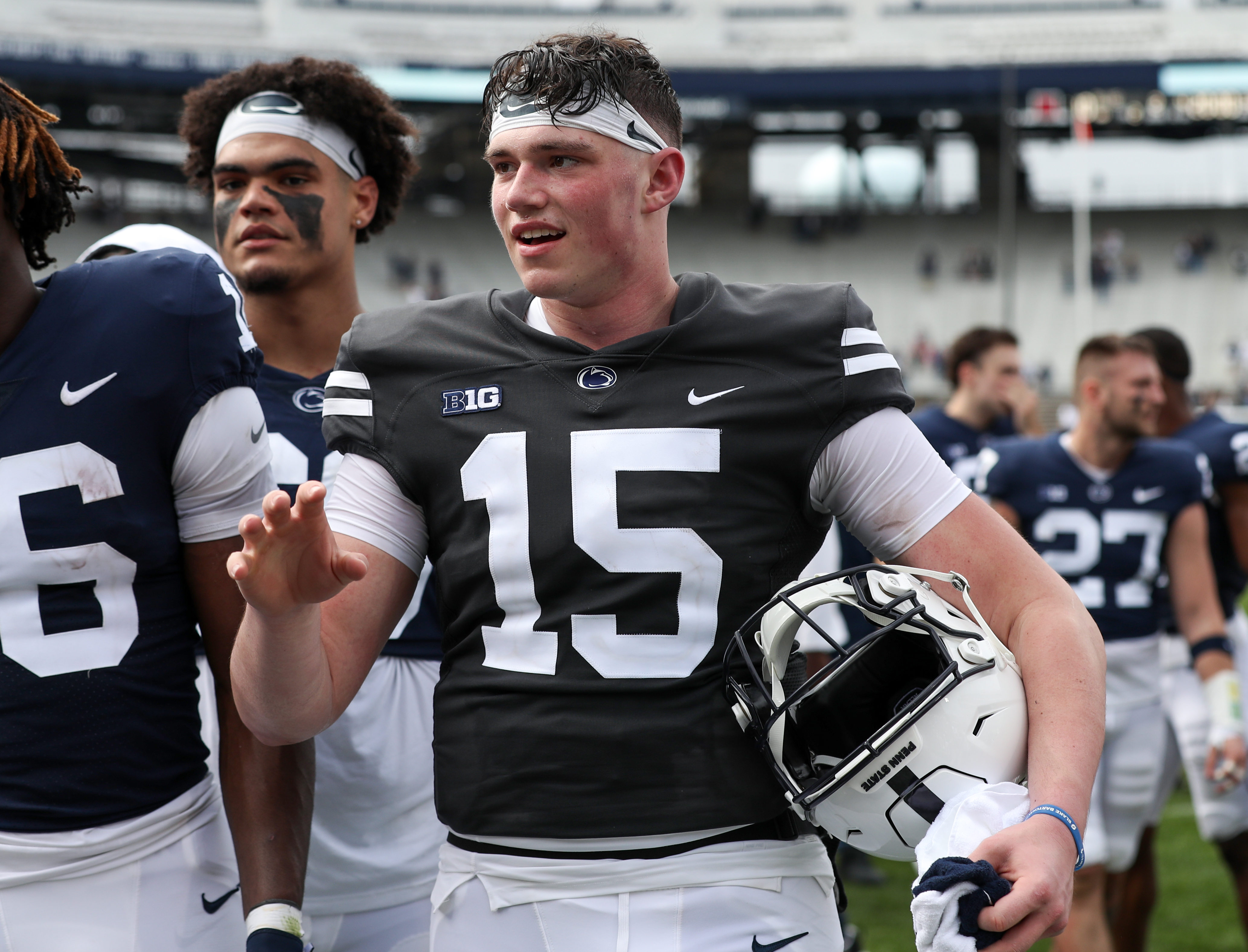 Penn State Nittany Lions quarterback Drew Allar (15) walks off the field following the competition of the Blue White spring game at Beaver Stadium.
