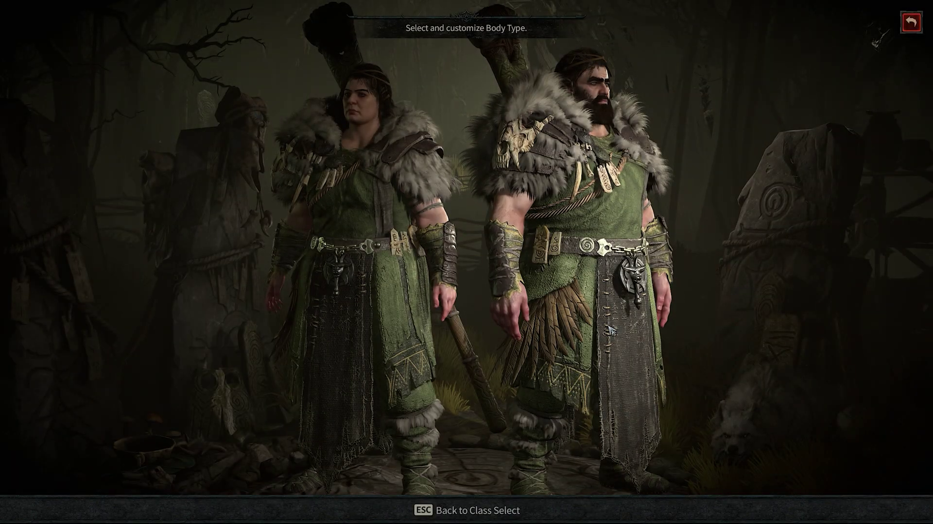 An image of the body type selection screen for the Druid in Diablo 4, featuring a smaller, less hairy Druid on the left side and a taller, more muscular, bearded Druid on the right