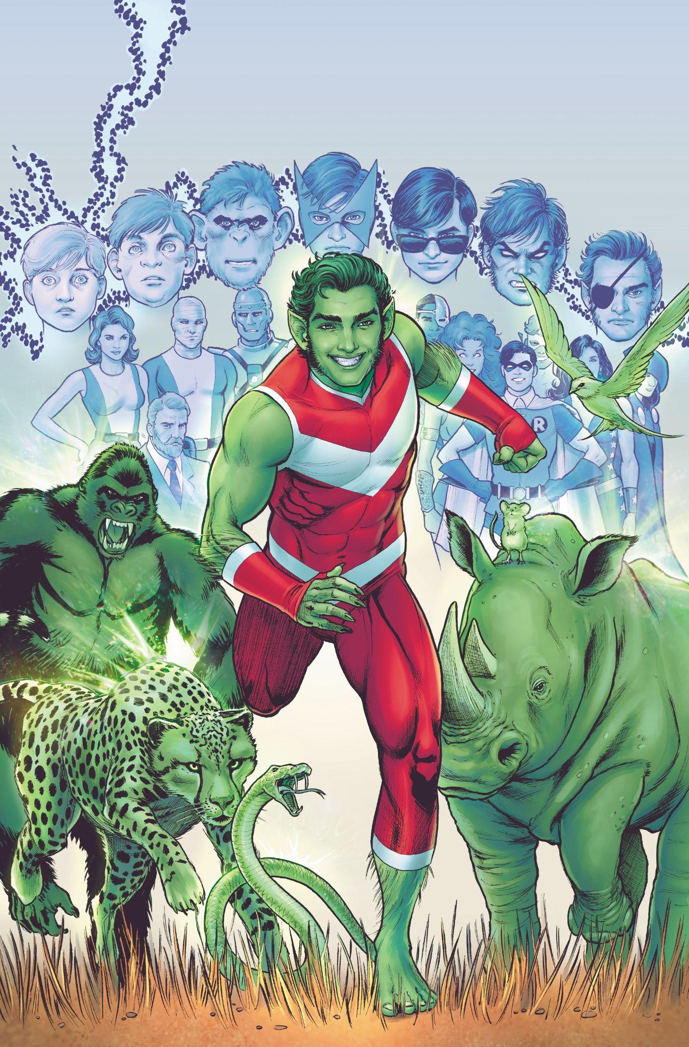 Beast Boy runs towards the viewer, images of his teammates and villains behind him, an images of green animals around him on the cover of Tales of the Titans #4. 