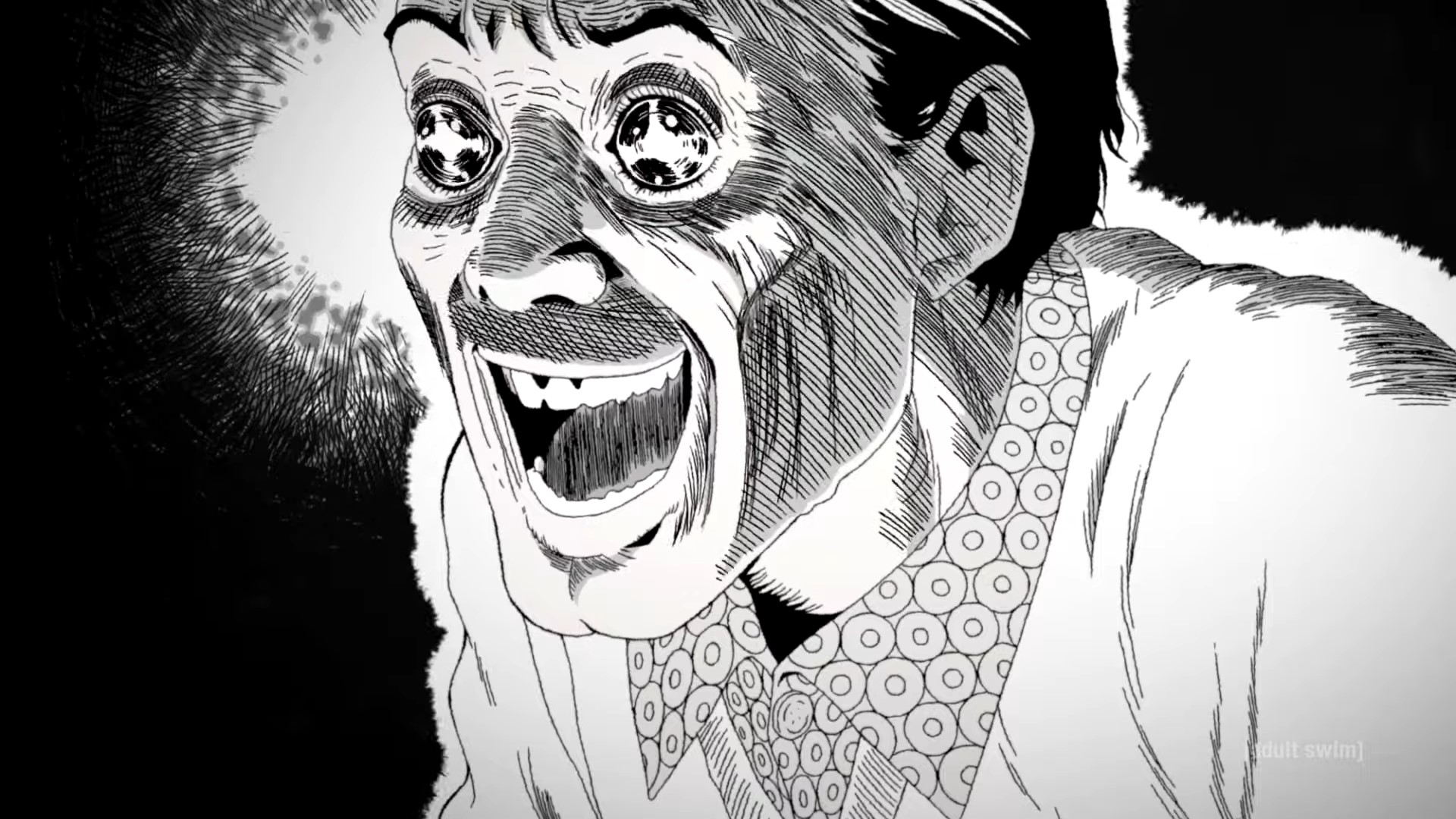 A close-up of an elderly animated man with his mouth agape, pupils spinning wildly in their sockets in Uzumaki.