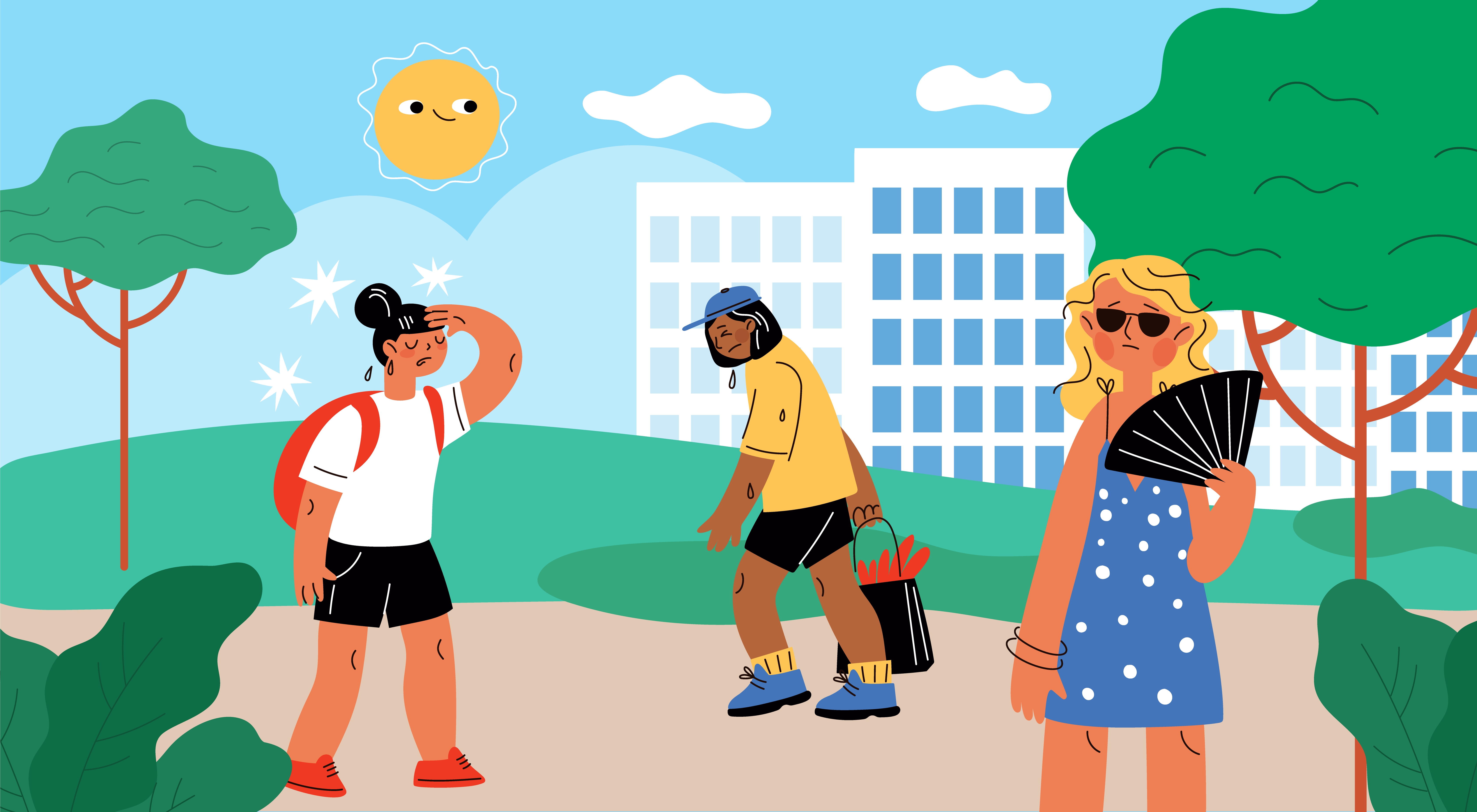A cartoon drawing of three people walking through an urban park on a sunny day. A woman carrying a small backpack sweats with her hand on her head. A man looks disgruntled and sweats while holding a grocery bag. A woman in sunglasses fans herself under a tree.