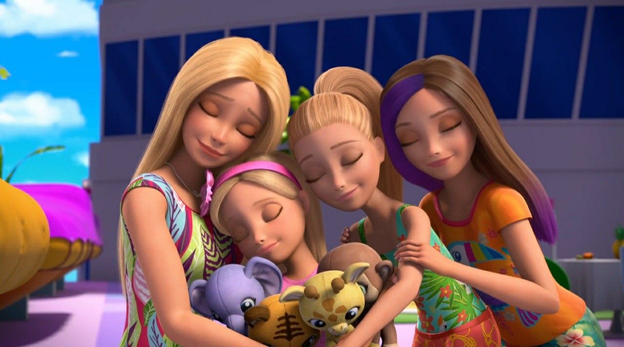 Barbie embracing Skipper, Stacie, and Chelsea in an animated Barbie movie