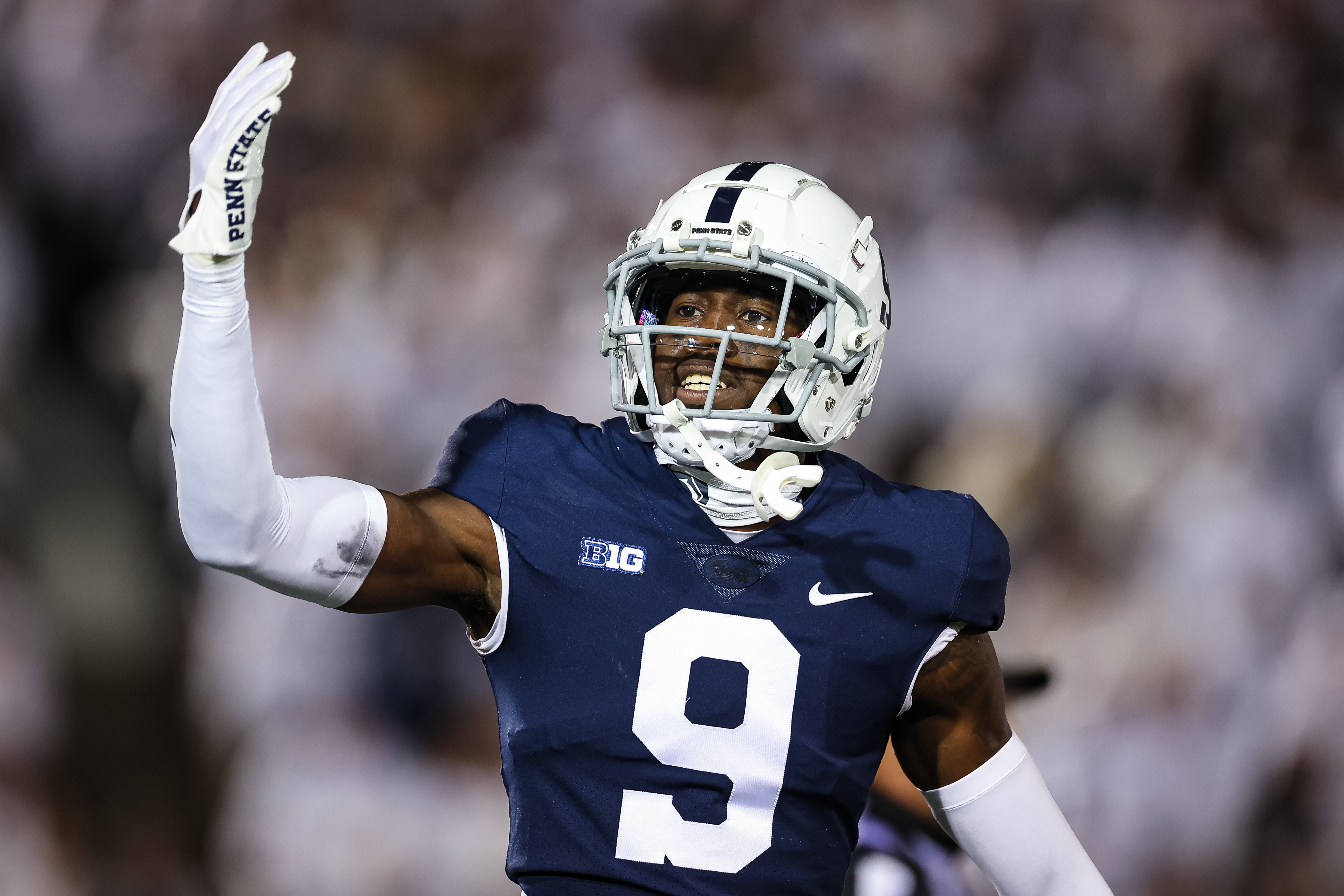 Joey Porter Jr. #9 of the Penn State Nittany Lions celebrates after a play against the Minnesota Golden Gophers during the first half at Beaver Stadium on October 22, 2022 in State College, Pennsylvania.