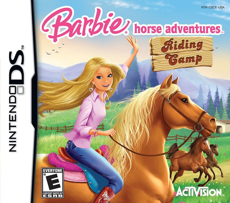 Barbie riding on a horse on the cover of DS game Barbie Horse Adventures: Riding Camp.