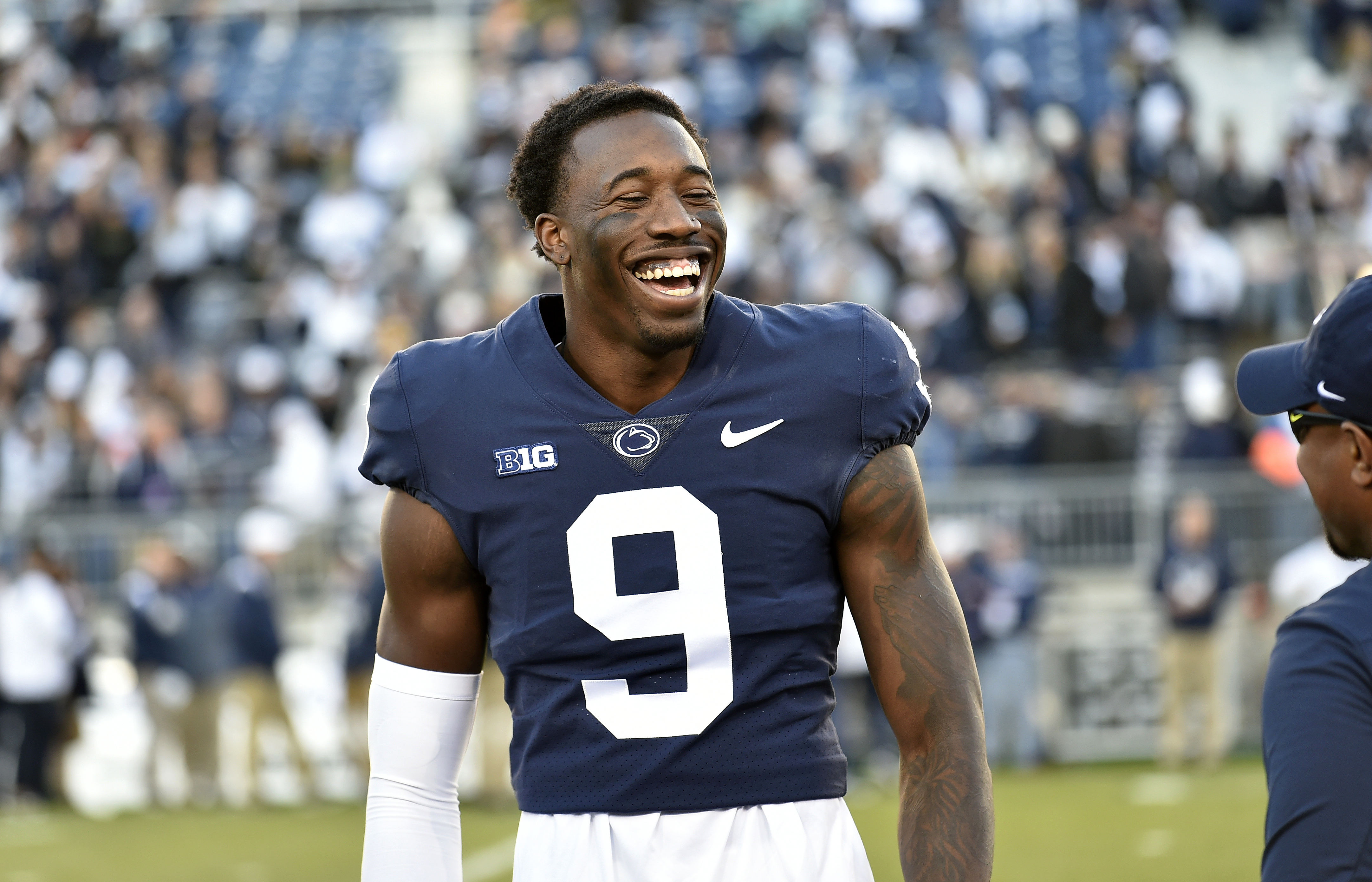 Penn State cornerback Joey Porter, Jr. (9) smiles during the senior day ceremonies before the Michigan State Spartans versus Penn State Nittany Lions game on November 26, 2022 at Beaver Stadium in University Park, PA.