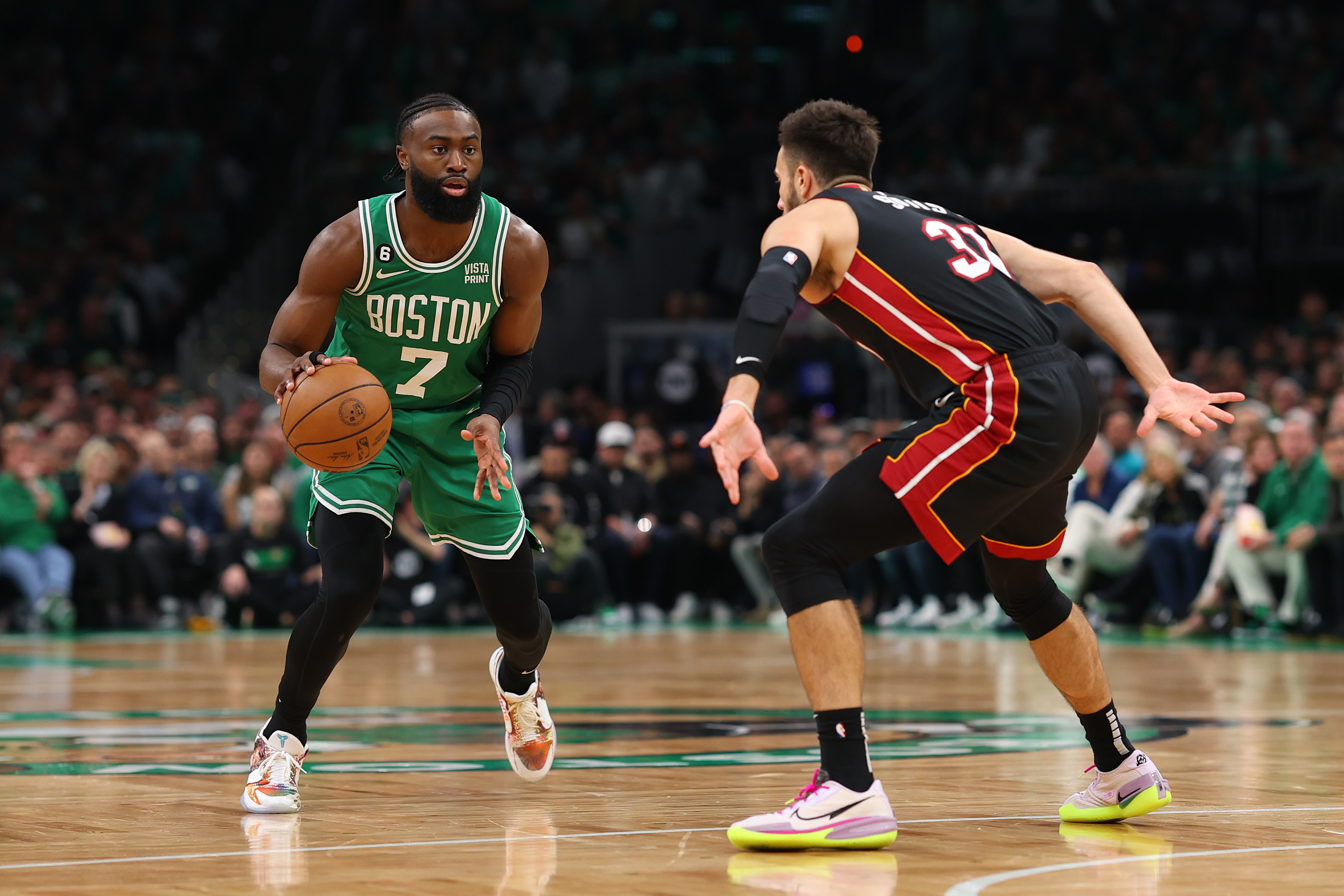 Jaylen Brown #7 of the Boston Celtics handles the ball during the first quarter against the Miami Heat in game seven of the Eastern Conference Finals at TD Garden on May 29, 2023 in Boston, Massachusetts.&nbsp;