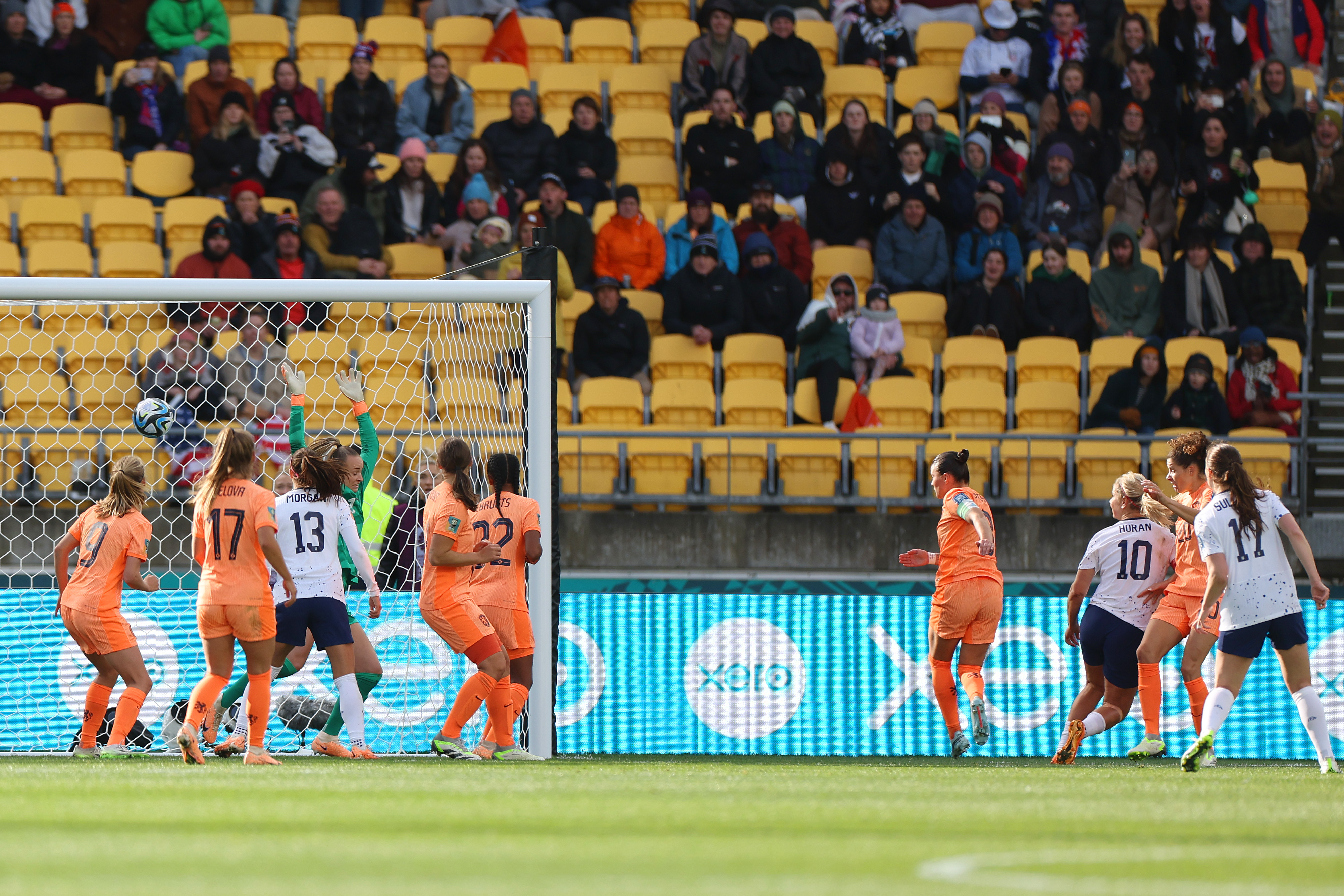 Lindsey Horan (3rd R) of USA heads to score her team’s first goal during the FIFA Women’s World Cup Australia &amp; New Zealand 2023 Group E match between USA and Netherlands at Wellington Regional Stadium on July 27, 2023 in Wellington, New Zealand.