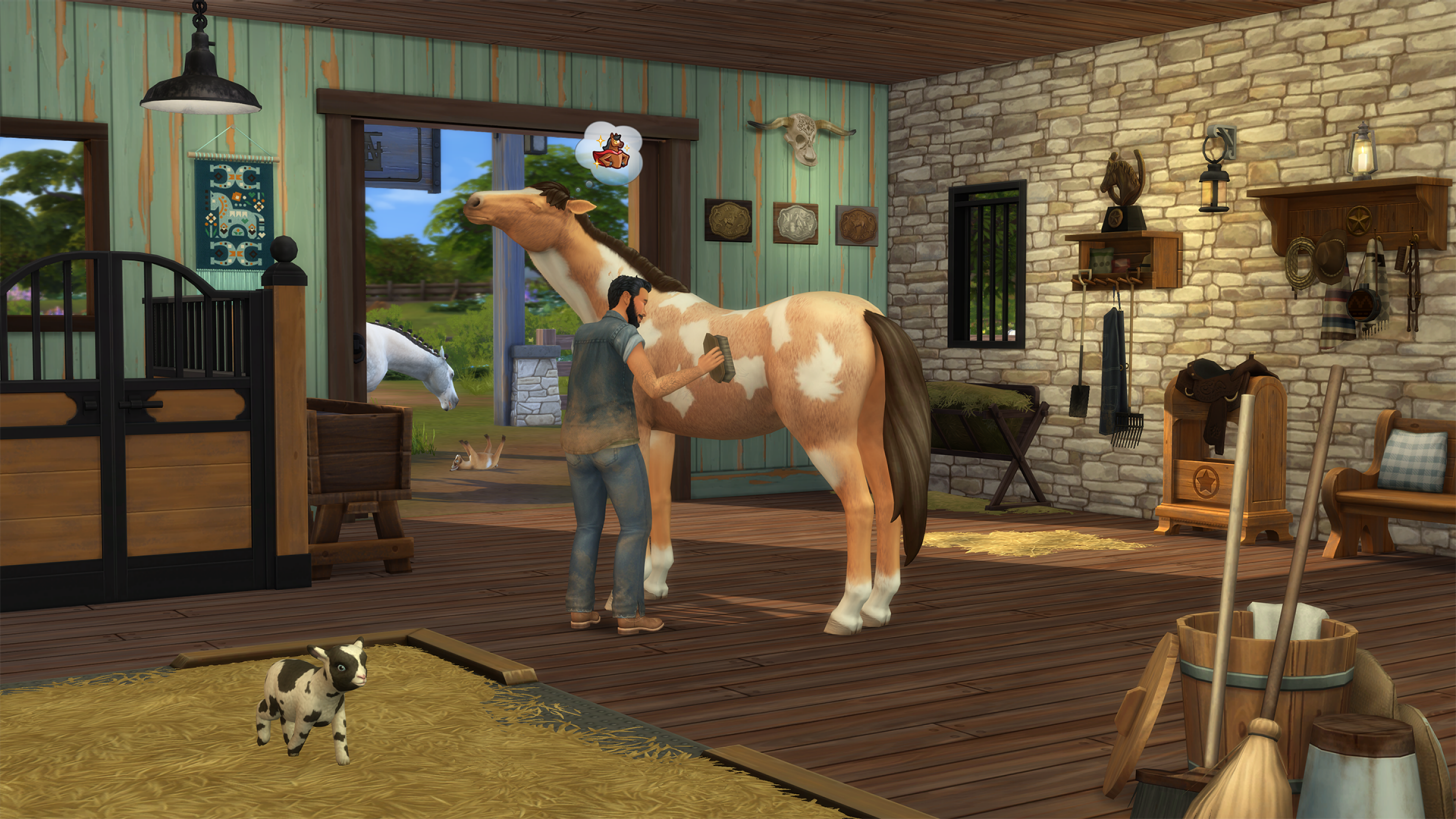A Sim in The Sims 4 carefully brushes his dappled brown and white horse, who looks very happy and content. The horse and Sim are in an ornate, carefully decorated barn.