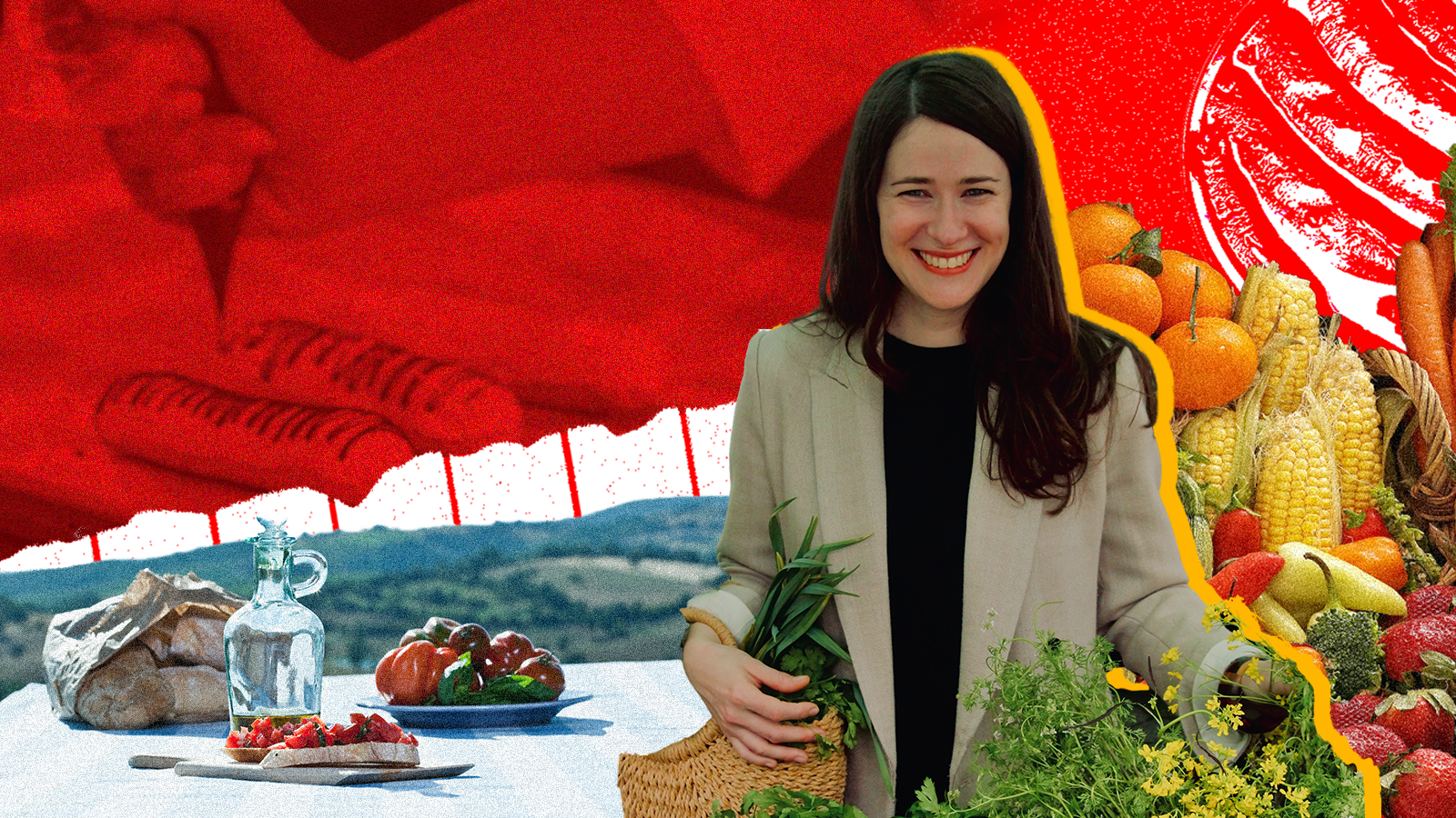 Photoillustration of Kat Craddock holding produce with a collage backdrop.