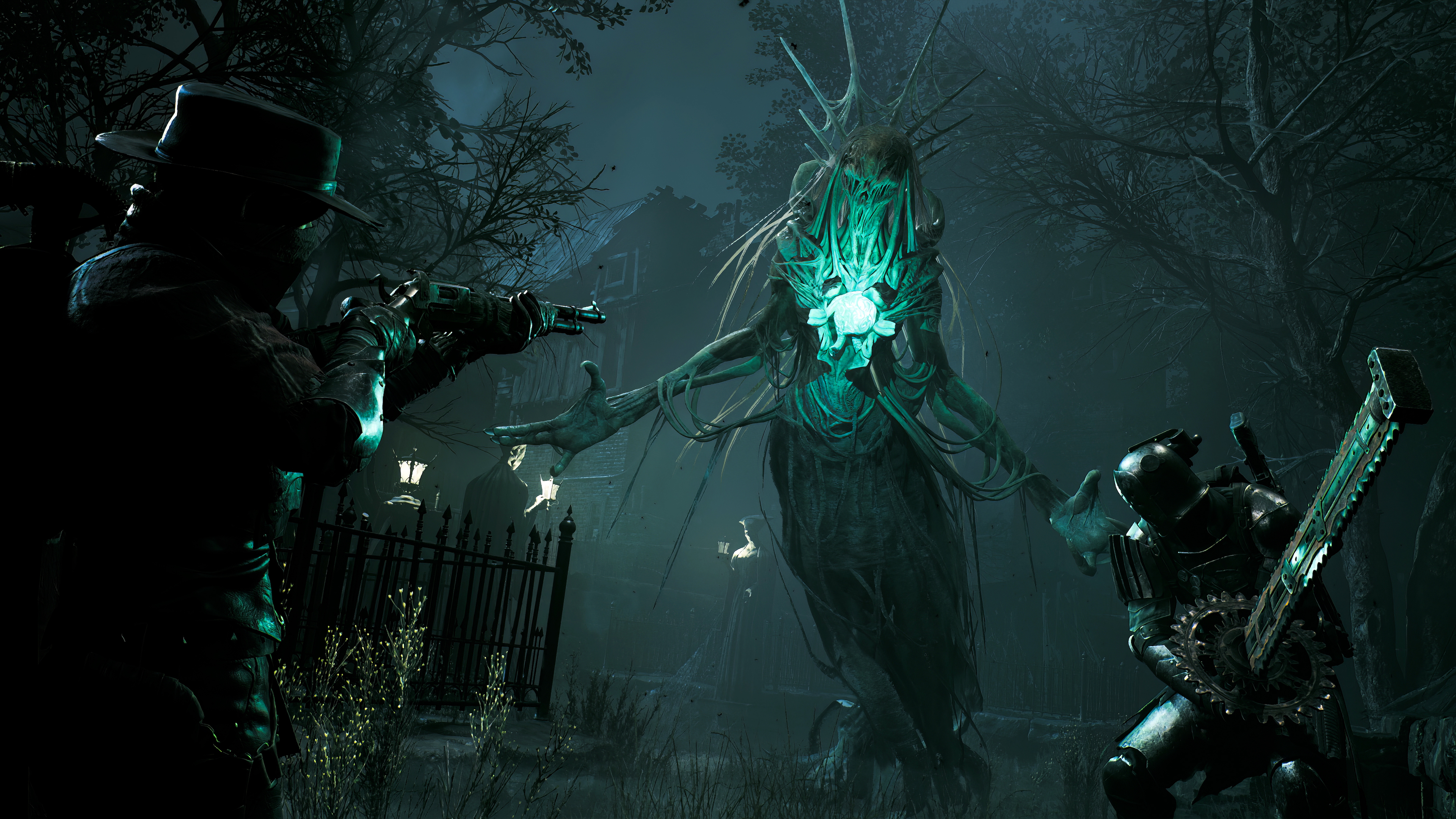 A banshee-like enemy approaches a team of players in a gothic environment in Remnant 2