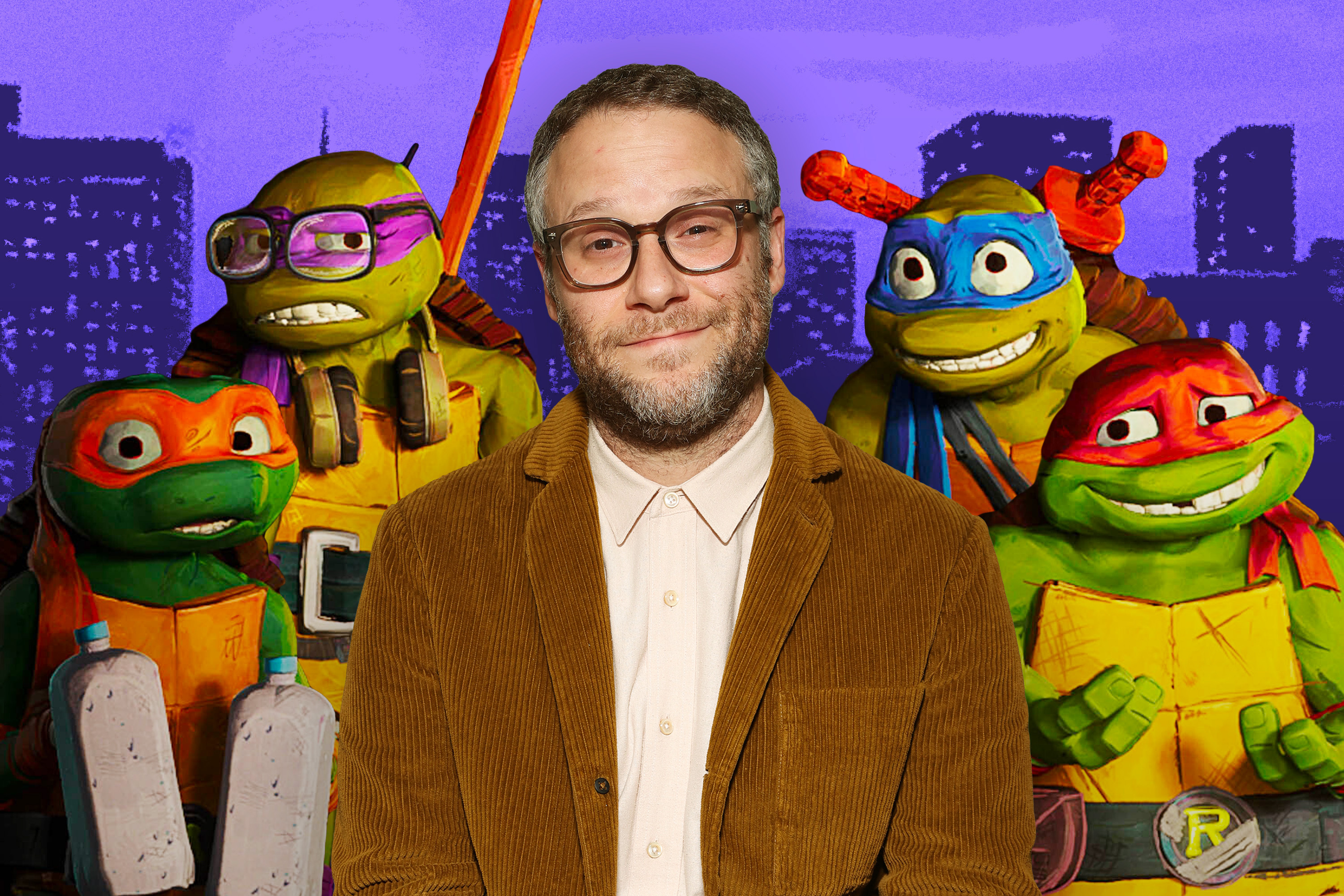 A collage of an image of Seth Rogen smiling and an image of the four Ninja Turtles in Teenage Mutant Ninja Turtles: Mutant Mayhem.