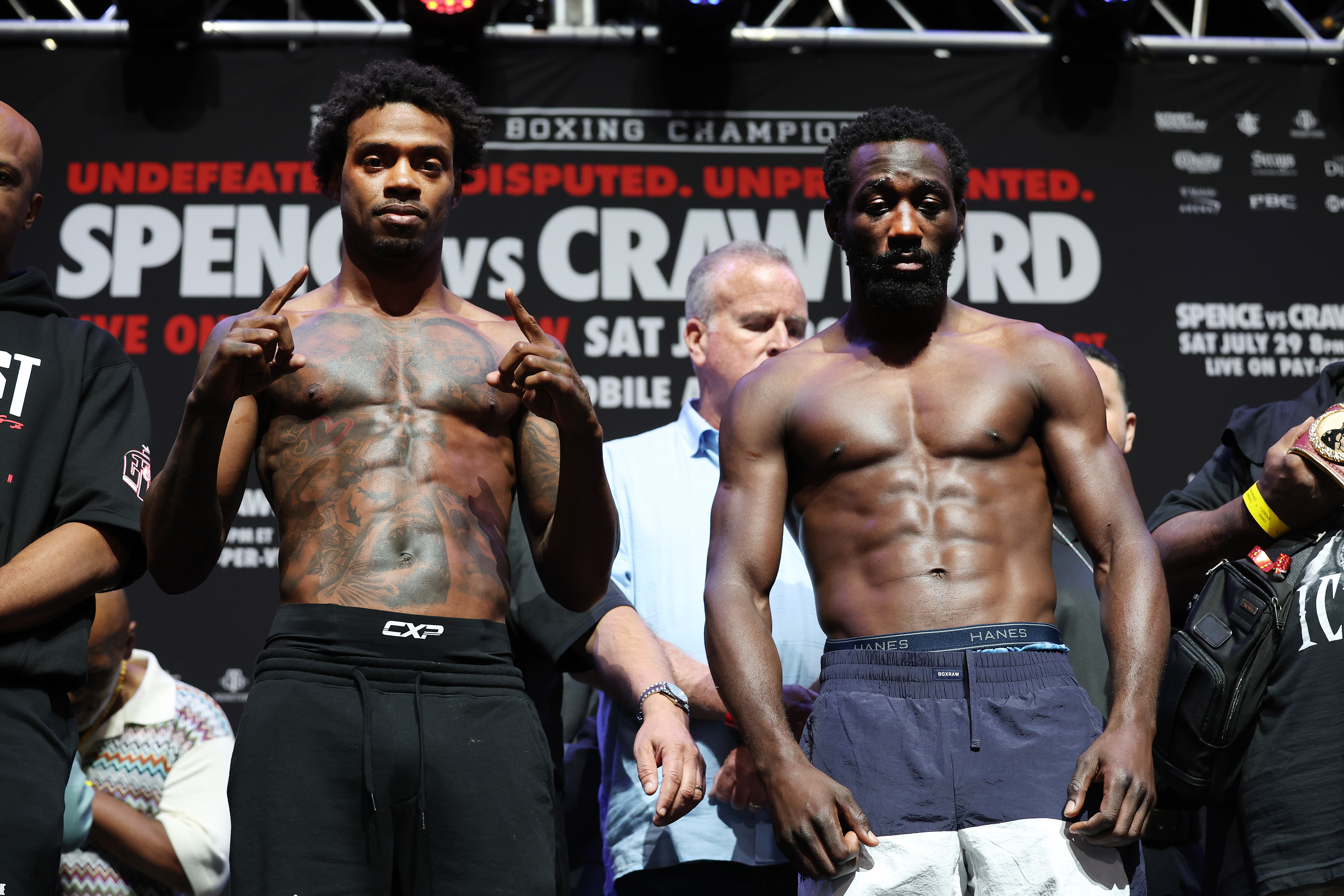 Errol Spence Jr. and Terrence Crawford pose during their weigh-in at T-Mobile Arena on July 28, 2023. Spence Jr. and Crawford will fight for the undisputed world welterweight championship at T-Mobile Arena in Las Vegas on July 29.