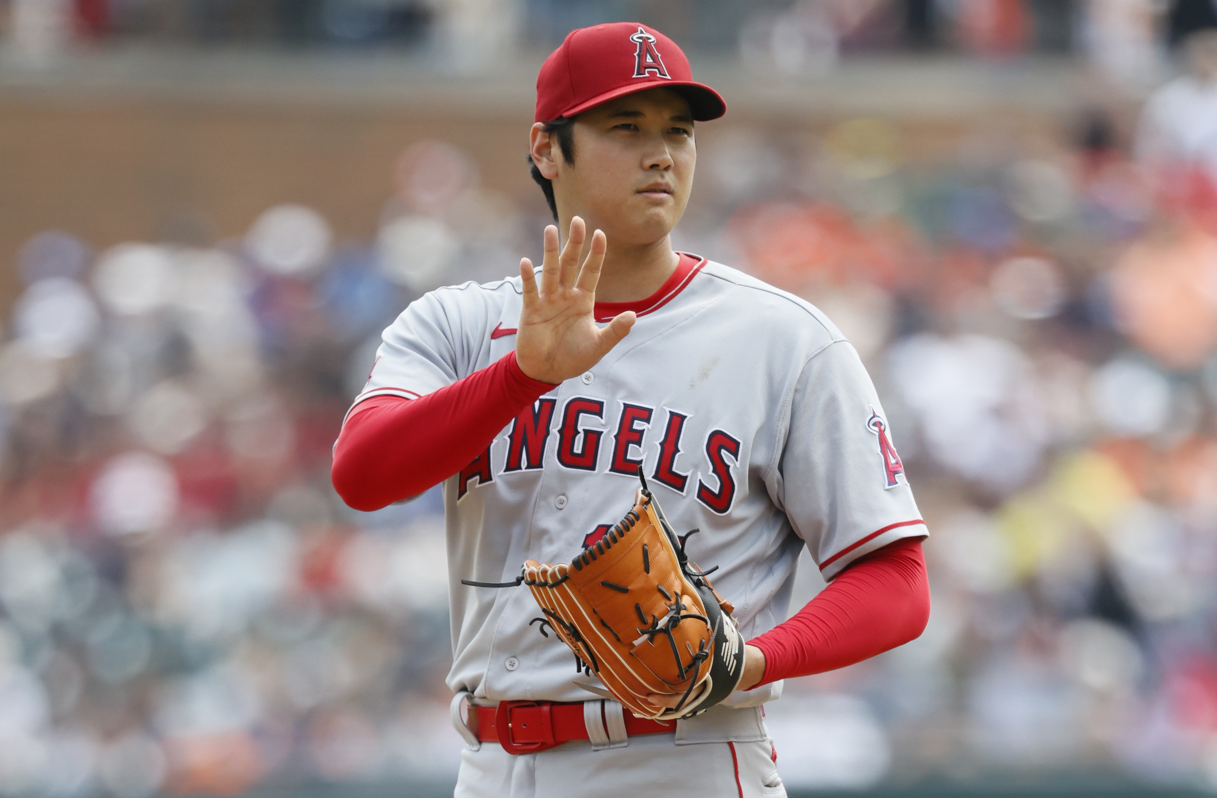 Shohei Ohtani #17 of the Los Angeles Angels while pitching against the Detroit Tigers during the first inning of game one of a doubleheader at Comerica Park on July 27, 2023 in Detroit, Michigan.  
