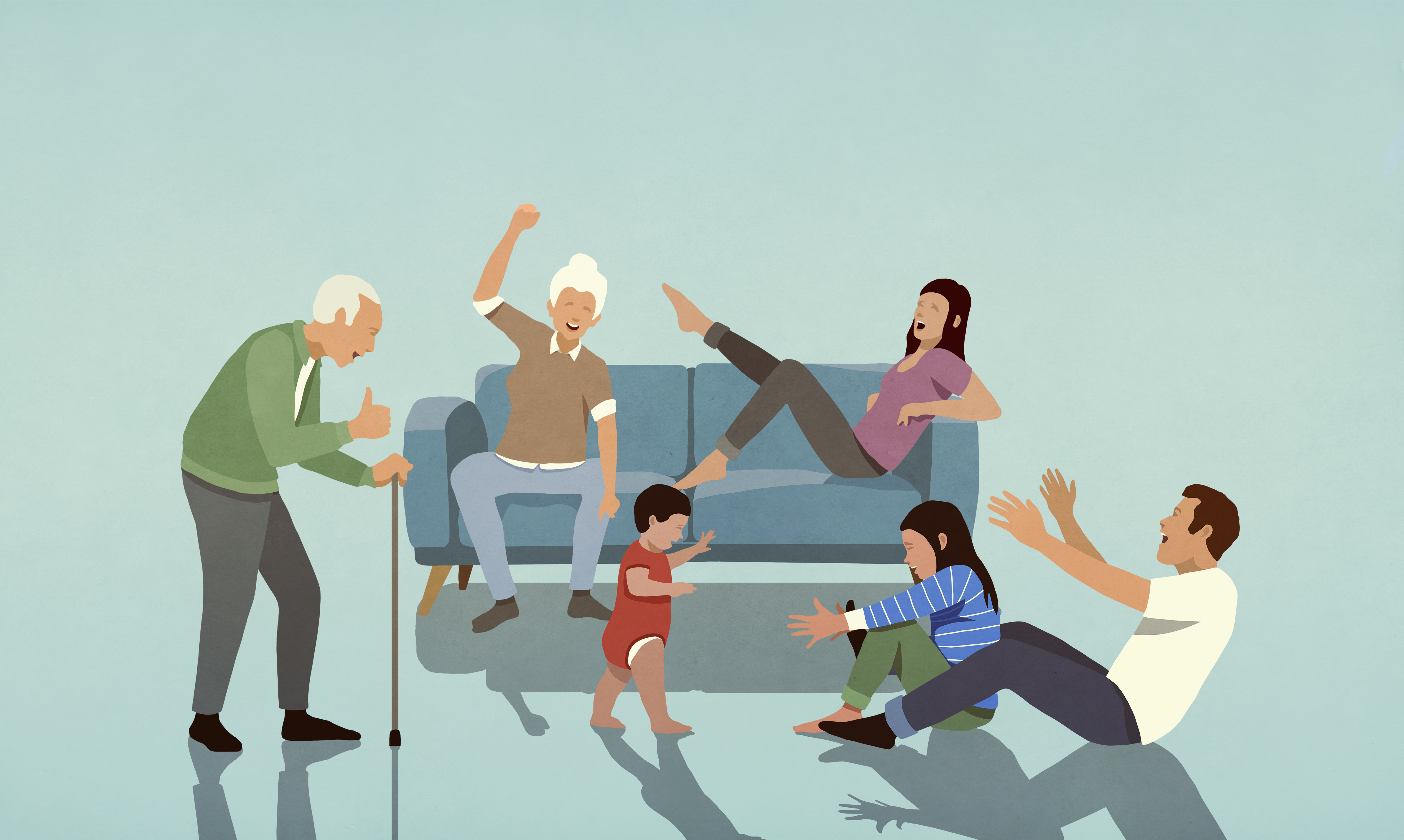 Illustration of grandparents and parents playing with children.