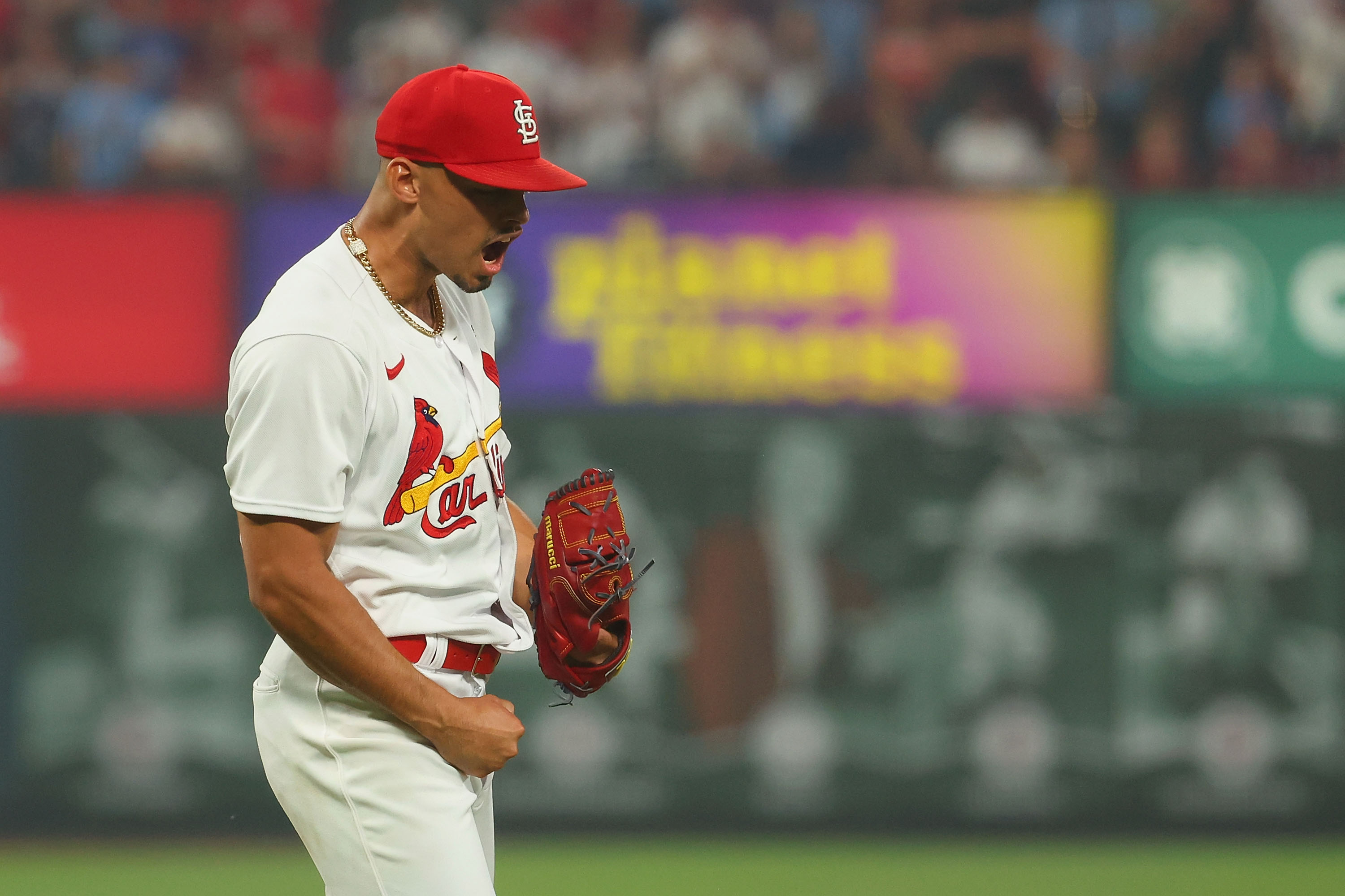 Jordan Hicks of the St. Louis Cardinals celebrates in the ninth inning after a 4-2 win against the Houston Astros at Busch Stadium on June 27, 2023 in St Louis, Missouri.