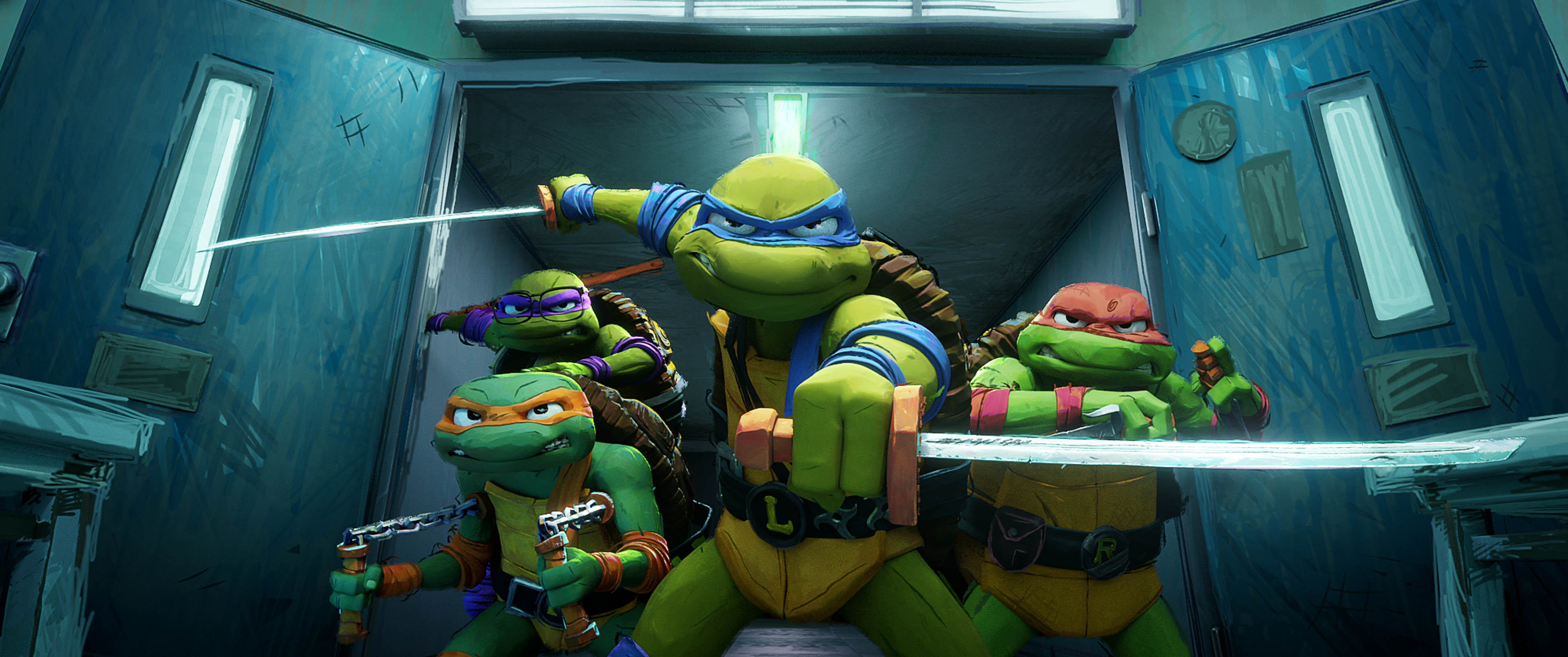 L-r, Donatello, Michelangelo, Leonard, and Raphael brandish their ninja weapons and pose dramatically as they leap through a set of double doors in Teenage Mutant Ninja Turtles: Mutant Mayhem.