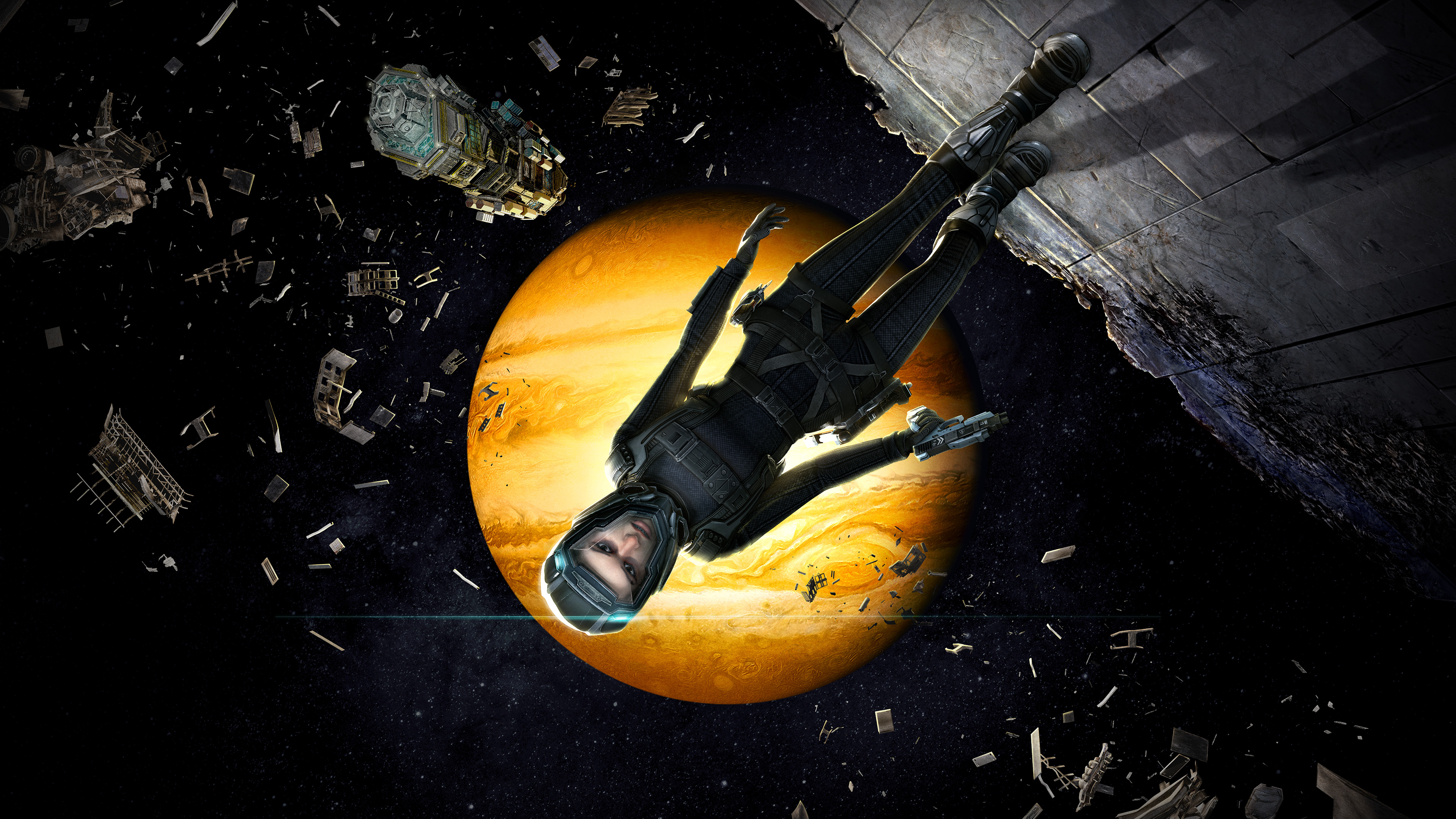 Camina Drummer navigates space in zero-gravity, with a planet framing her from behind, and an asteroid field circling her, in The Expanse: A Telltale Series