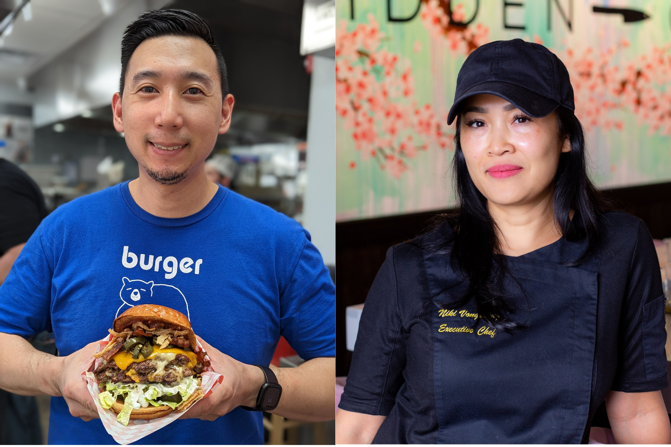 Chef Willet Feng of burger-chan and Niki Vongthong of Hidden Omakase in side by side portraits.
