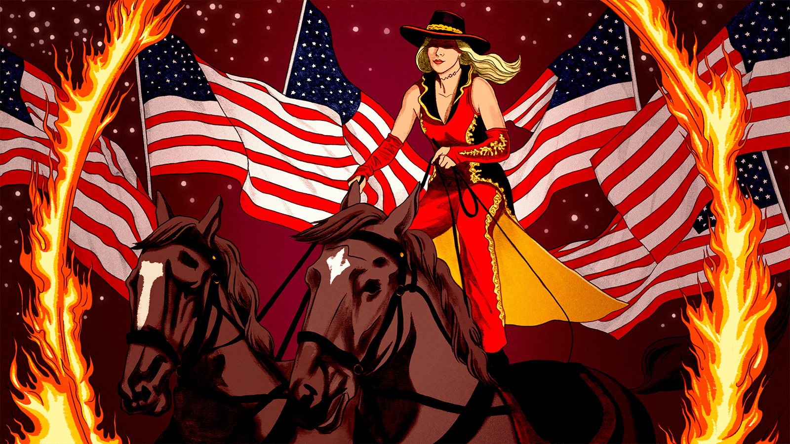A woman standing atop two horses rides them through a ring of fire as American flags fly in the background. The scene captures one of the acts performed during the popular tourist attraction Dolly Parton’s Stampede.