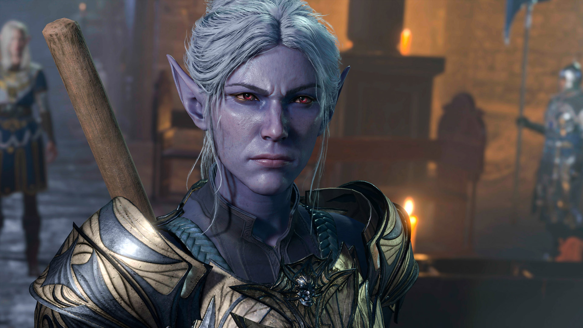 A dark elf glowers while standing in front of candles and gathering Inspiration Points in Baldur’s Gate 3.