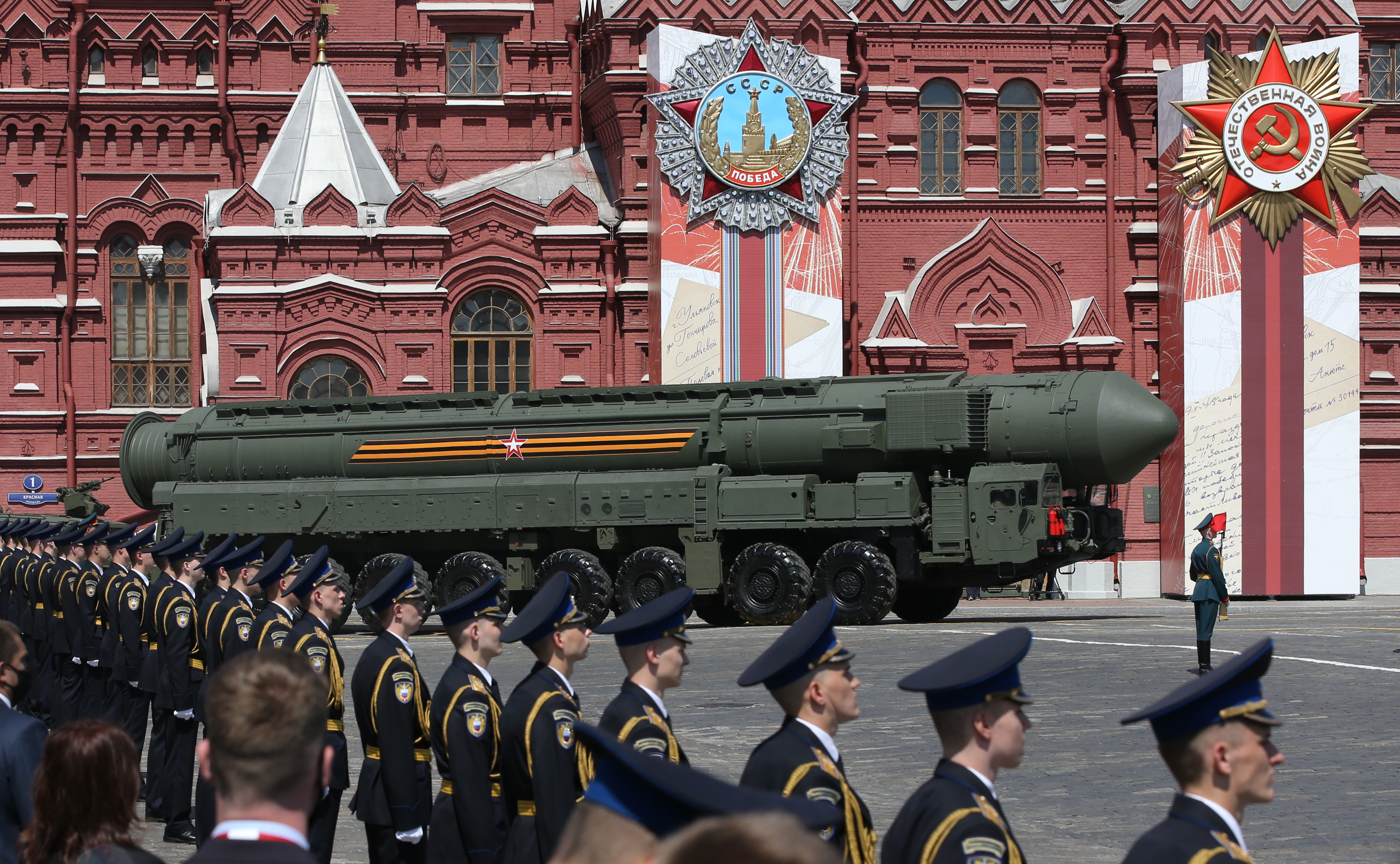 Russian nuclear missile rolls along Red Square during the military parade marking the 75th anniversary of Nazi defeat, on June 24, 2020 in Moscow, Russia