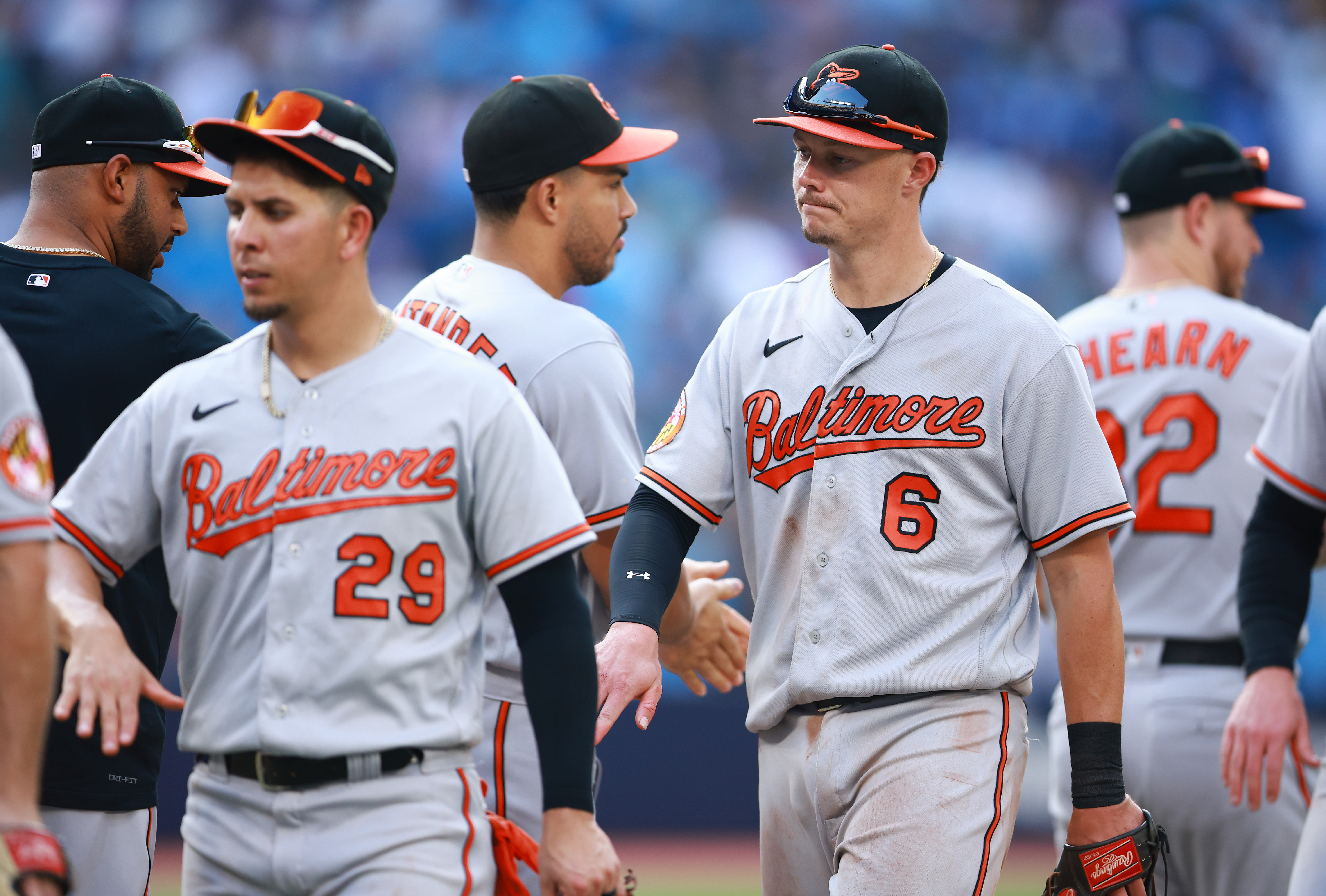 Ryan Mountcastle of the Baltimore Orioles celebrate the win with teammates against the Toronto Blue Jays at Rogers Centre on August 3, 2023 in Toronto, Ontario, Canada.