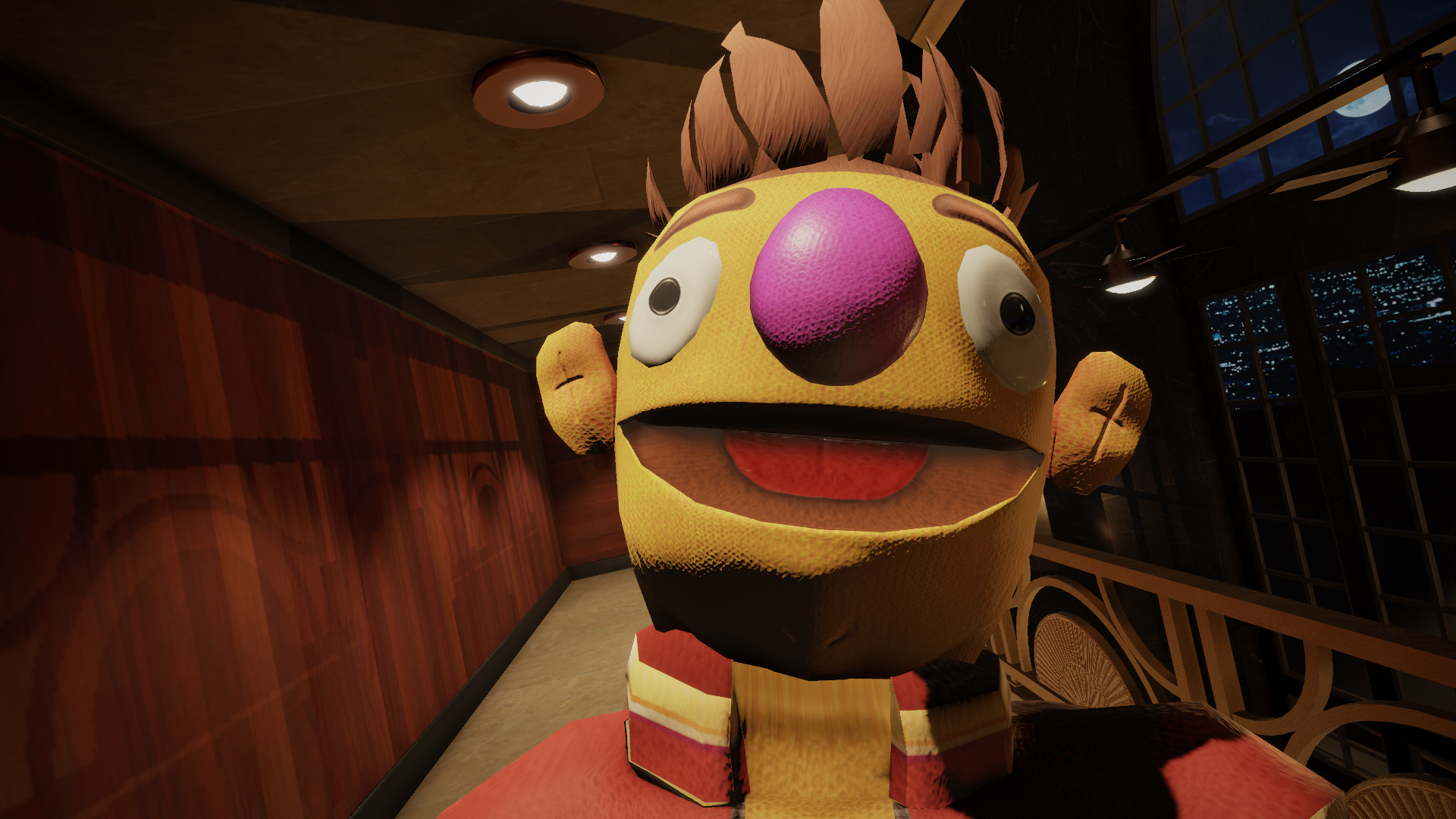 A close-up shot of a wide-eyed puppet strangling the player in My Friendly Neighborhood.