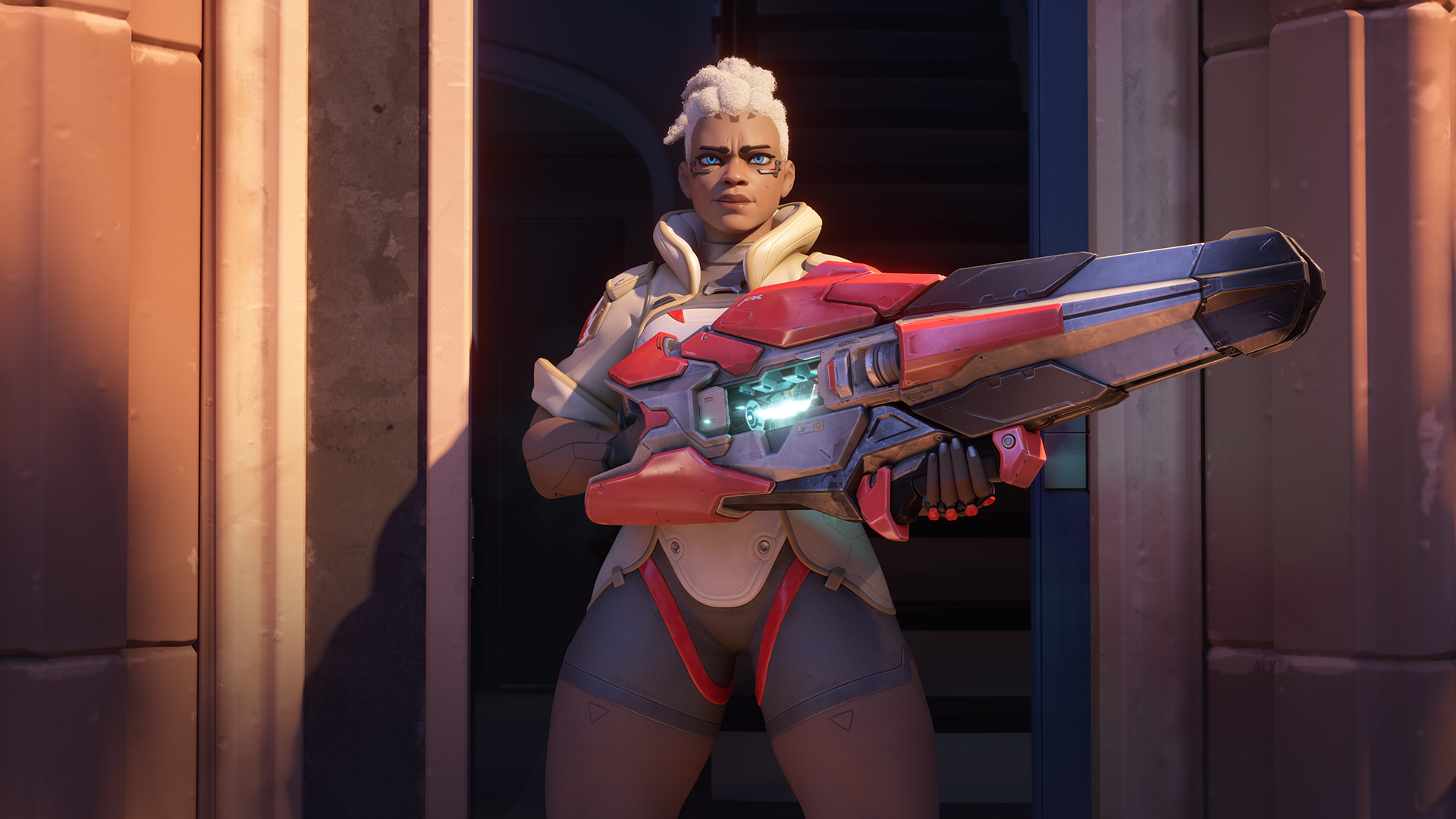 Sojourn from Overwatch readies her railgun as she steps out of her door in the Overwatch 2 cinematic “Calling.”