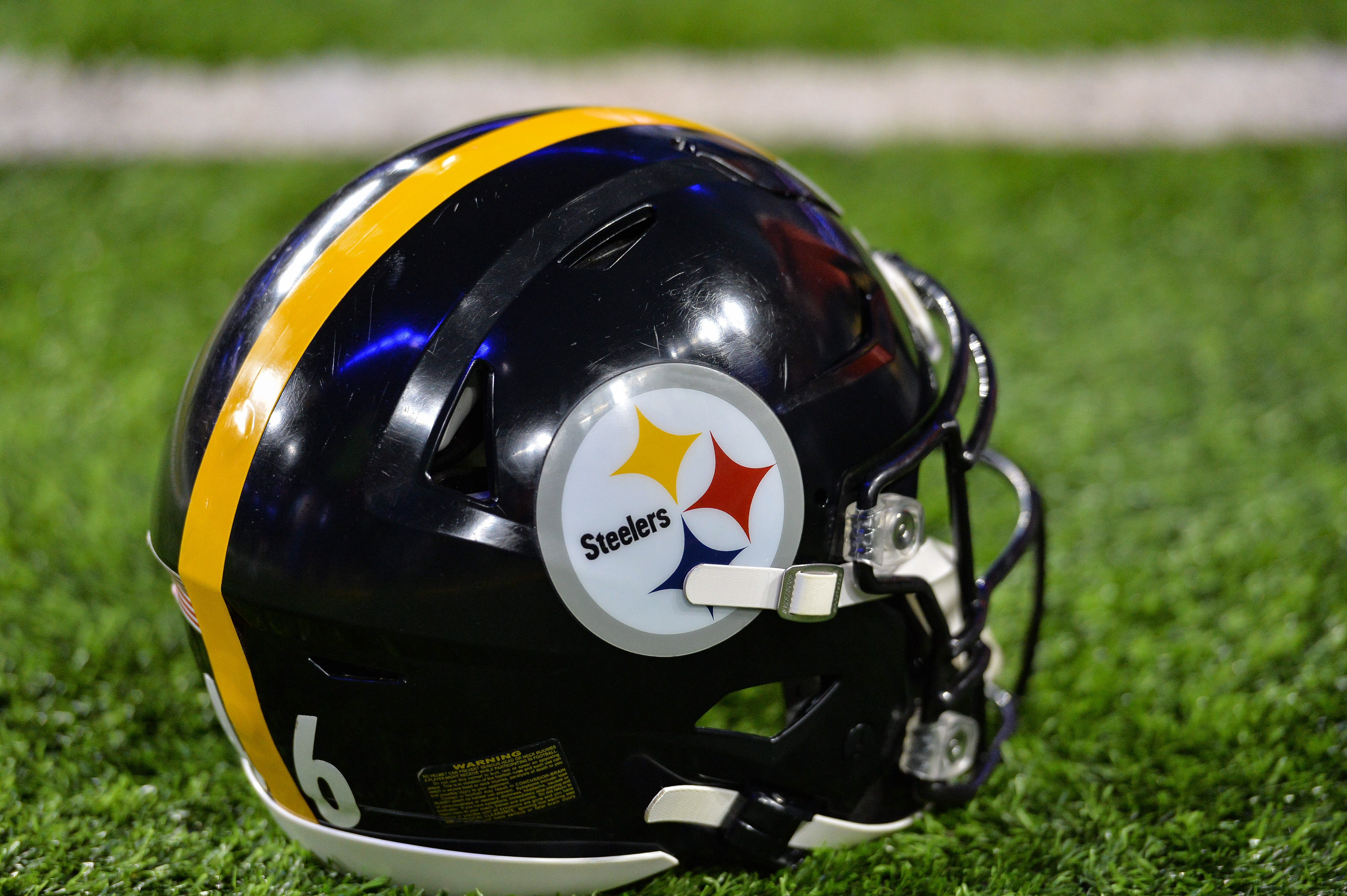 Minneapolis, Minnesota, USA; The Steelers logo on the helmet before the game between the Minnesota Vikings and the Pittsburgh Steelers at U.S. Bank Stadium.