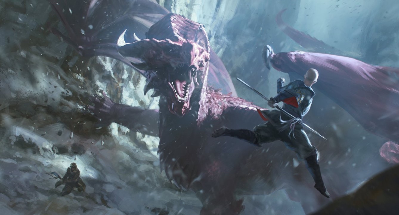 An epic battle scene playing out between a great dragon and two warriors in an icy valley.
