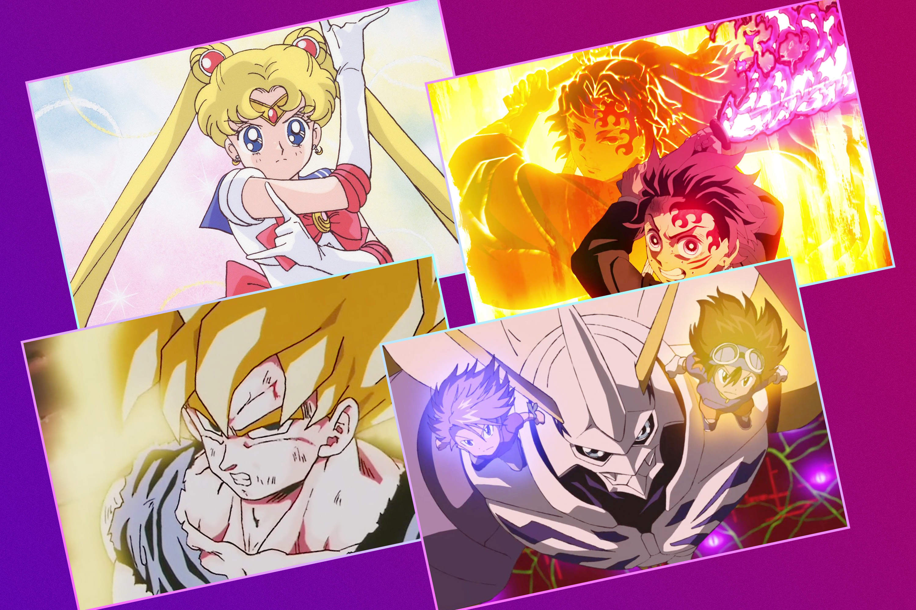 A four-panel header image featuring scenes from several anime including: Sailor Moon, Demon Slayer: Kimetsu no Yaiba, Dragon Ball Z, Digimon Adventure.