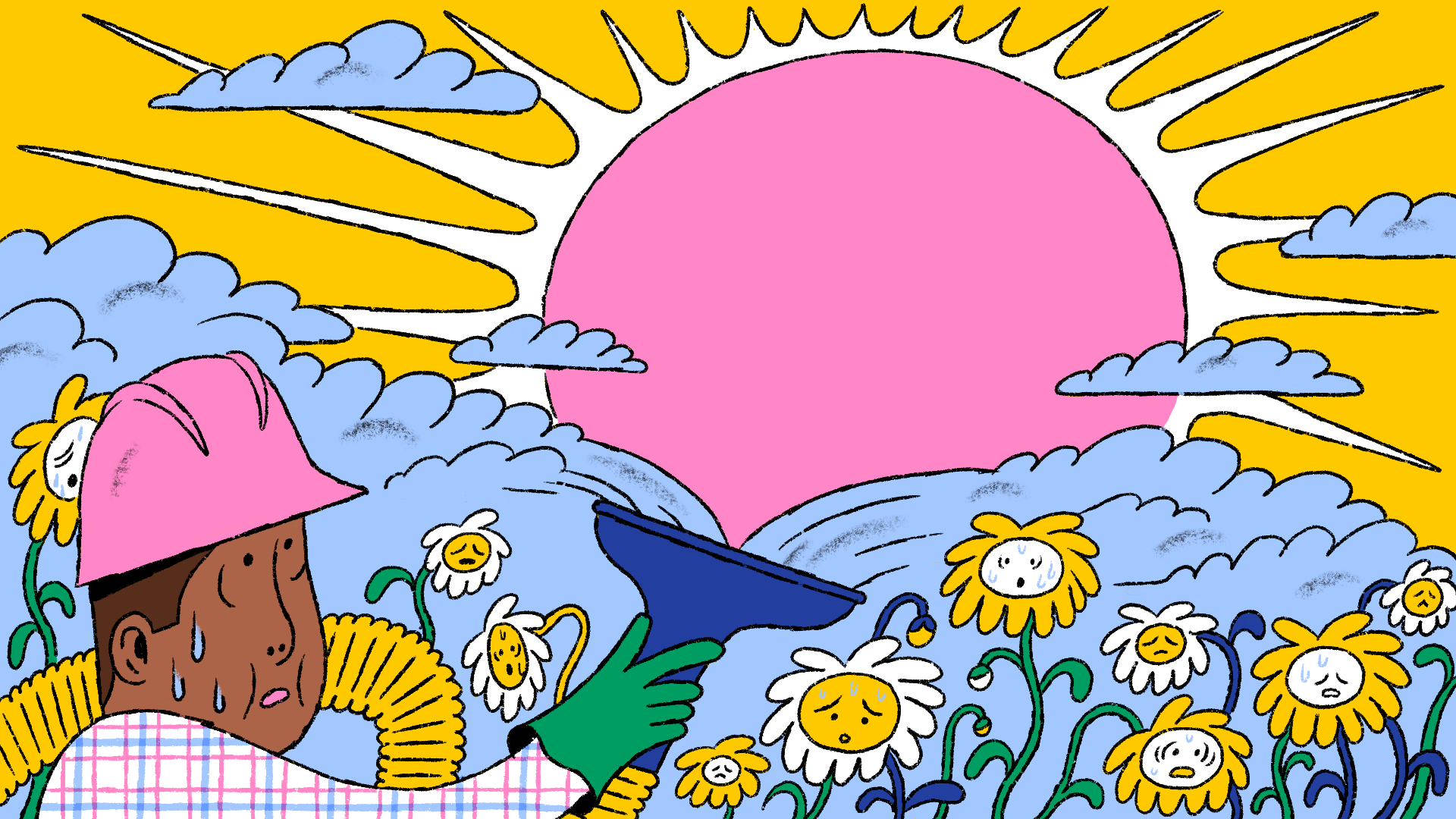 A cartoon drawing of a sweaty person in a hardhat trying to vacuum up clouds from in front of a blazing sun. Exhausted flowers are in the foreground.