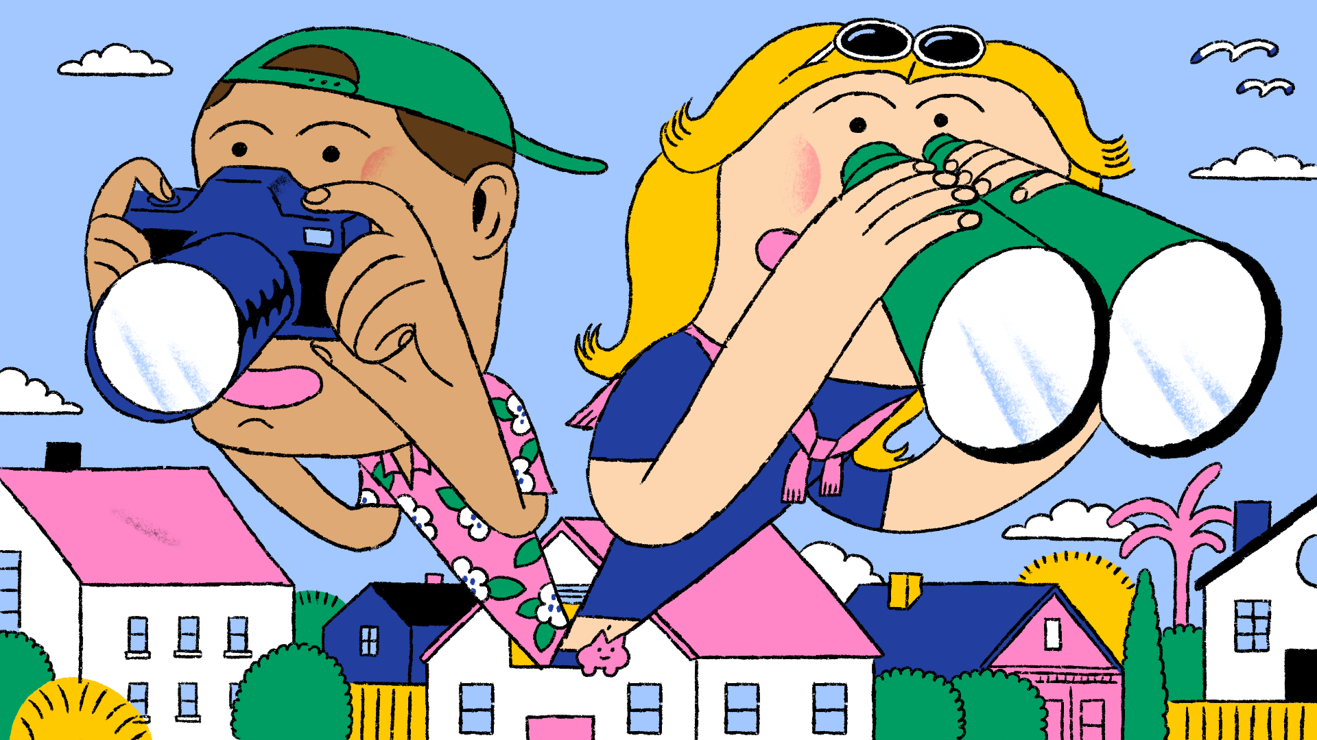 An illustration of two young people — a man in a backward baseball cap and a camera and a woman with binoculars — peering out of the window of a house. The people are cartoonish and large. The house sits among other suburban homes with trees and fences.