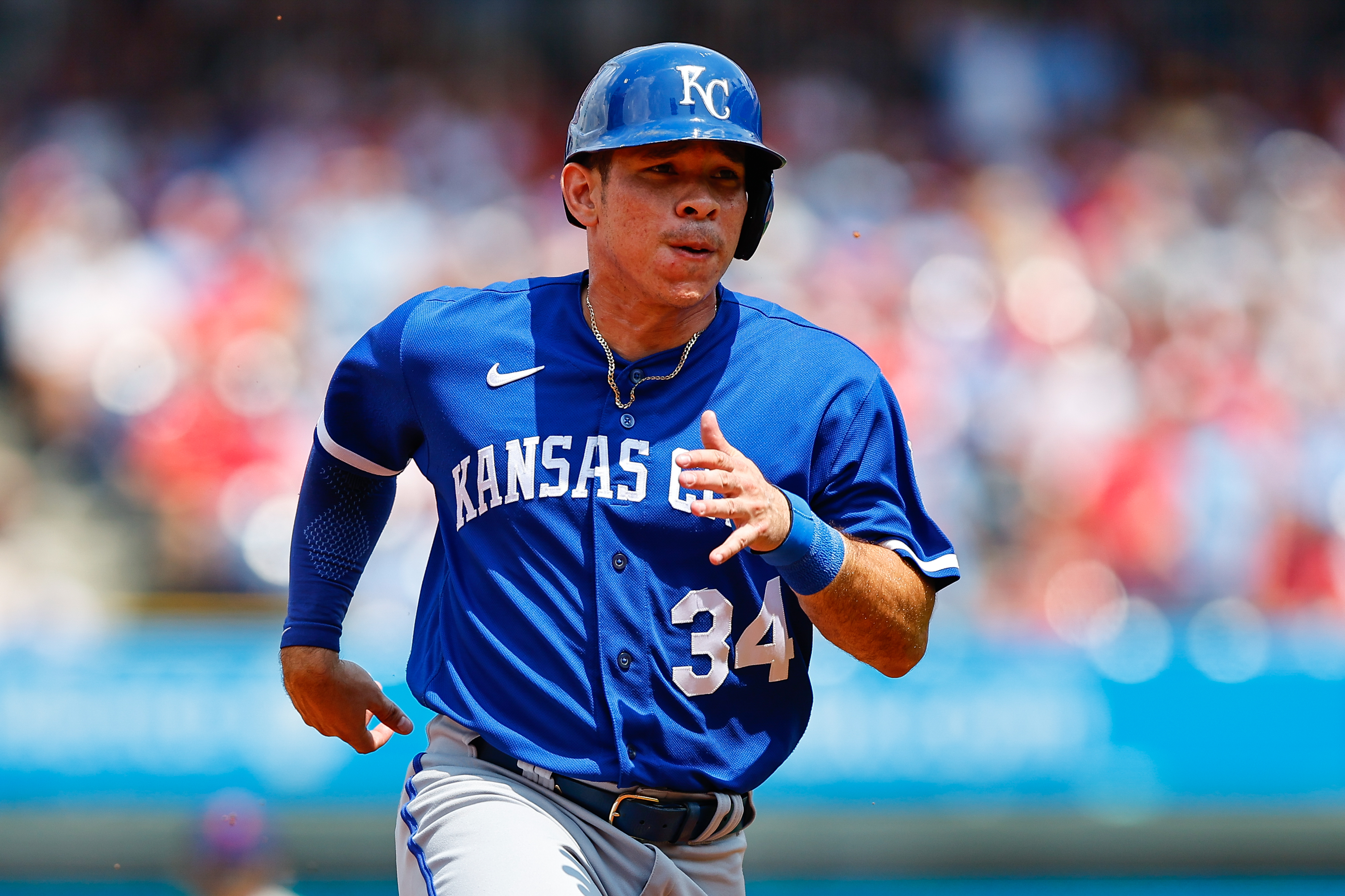 Freddy Fermin #34 of the Kansas City Royals during the game against the Philadelphia Phillies on August 6, 2023 at Citizens Bank Park in Philadelphia, Pennsylvania.