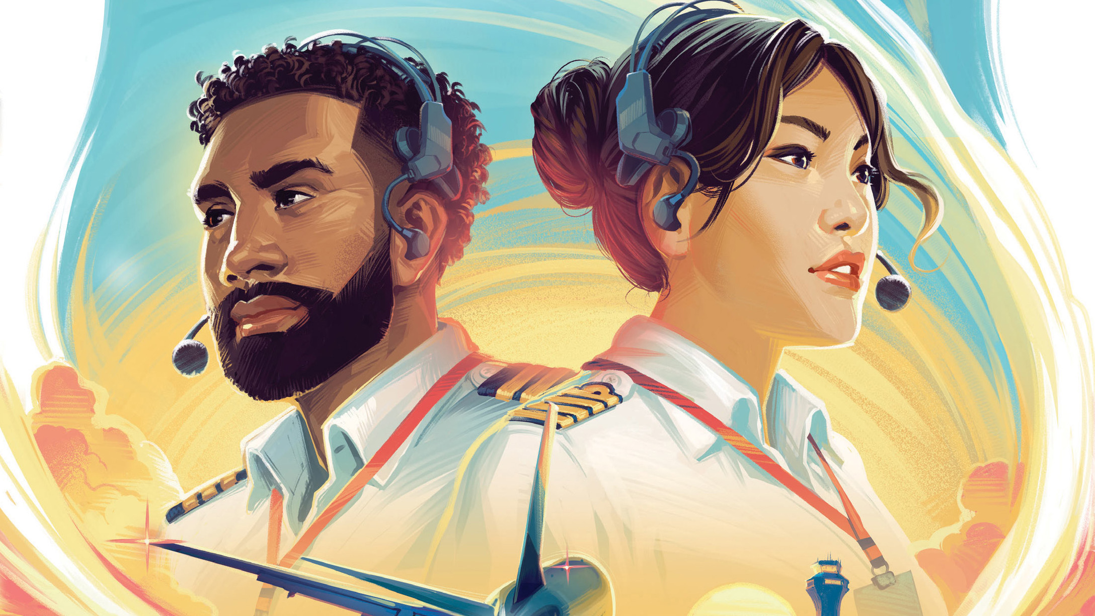 Cover art for Sky Team shows two pilots back-to-back with an airliner positioned over the runway below them.