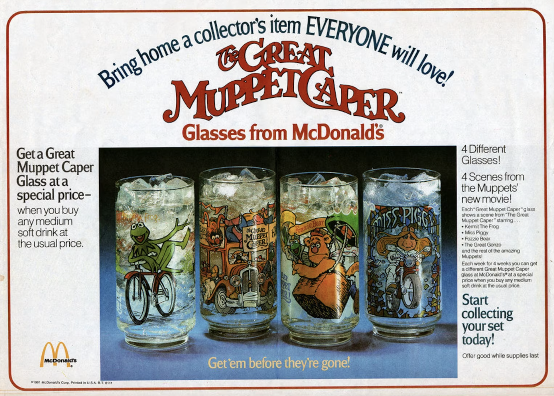 A McDonald’s advertisement featuring glasses with varying characters from the Muppets.