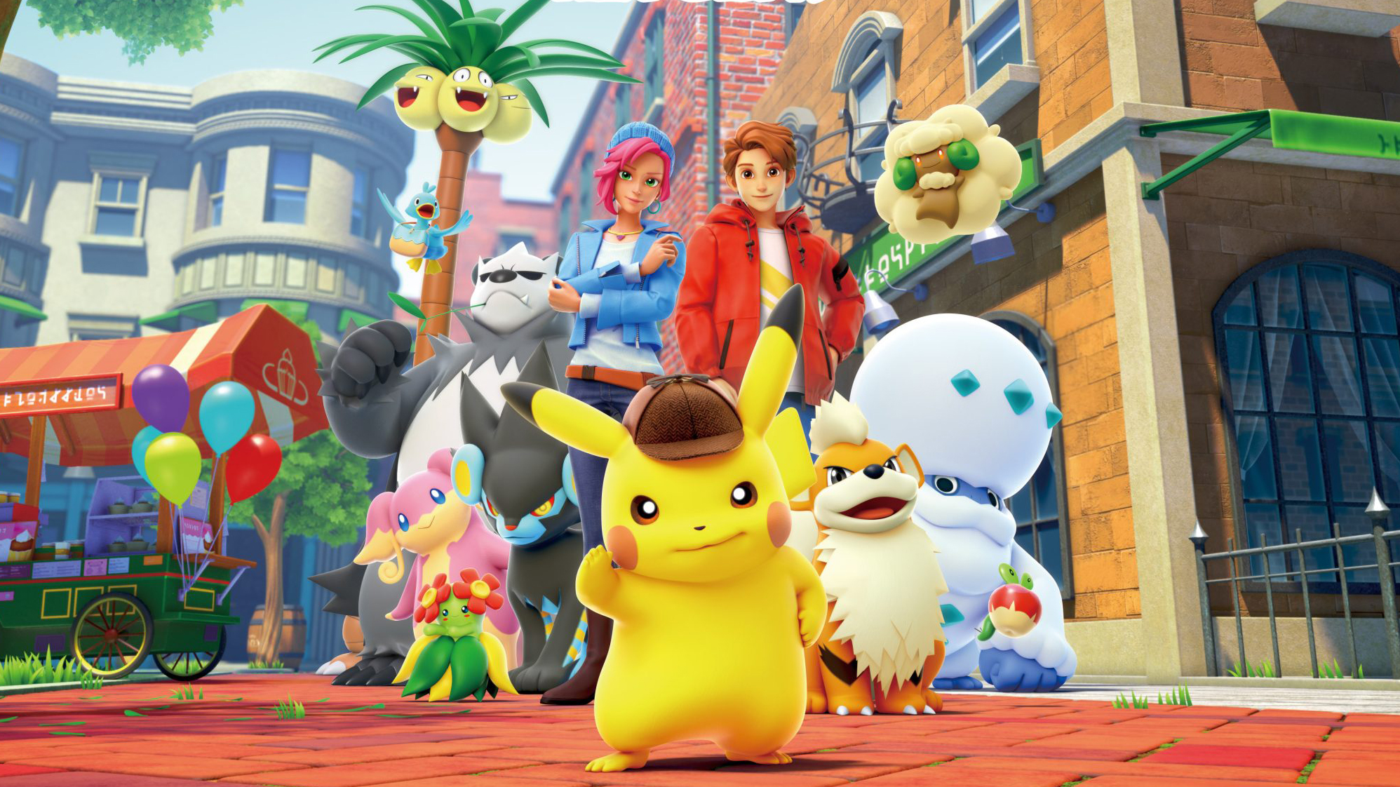 Key art for Detective Pikachu Returns featuring Pikachu, Growlithe, Tim Goodman, and other characters standing in Ryme City