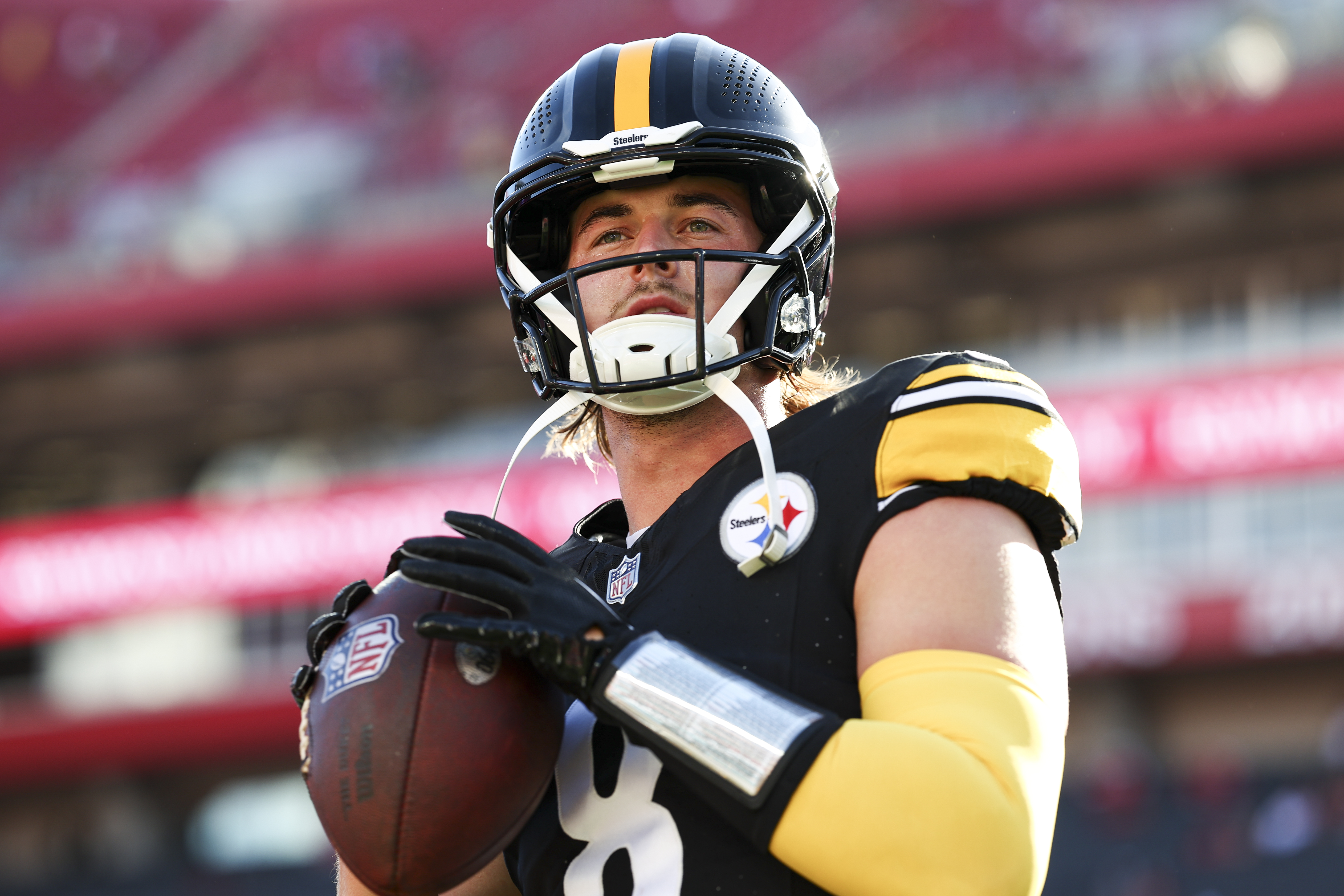 Kenny Pickett #8 of the Pittsburgh Steelers warms up prior to a preseason game against the Tampa Bay Buccaneers at Raymond James Stadium on August 11, 2023 in Tampa, Florida.