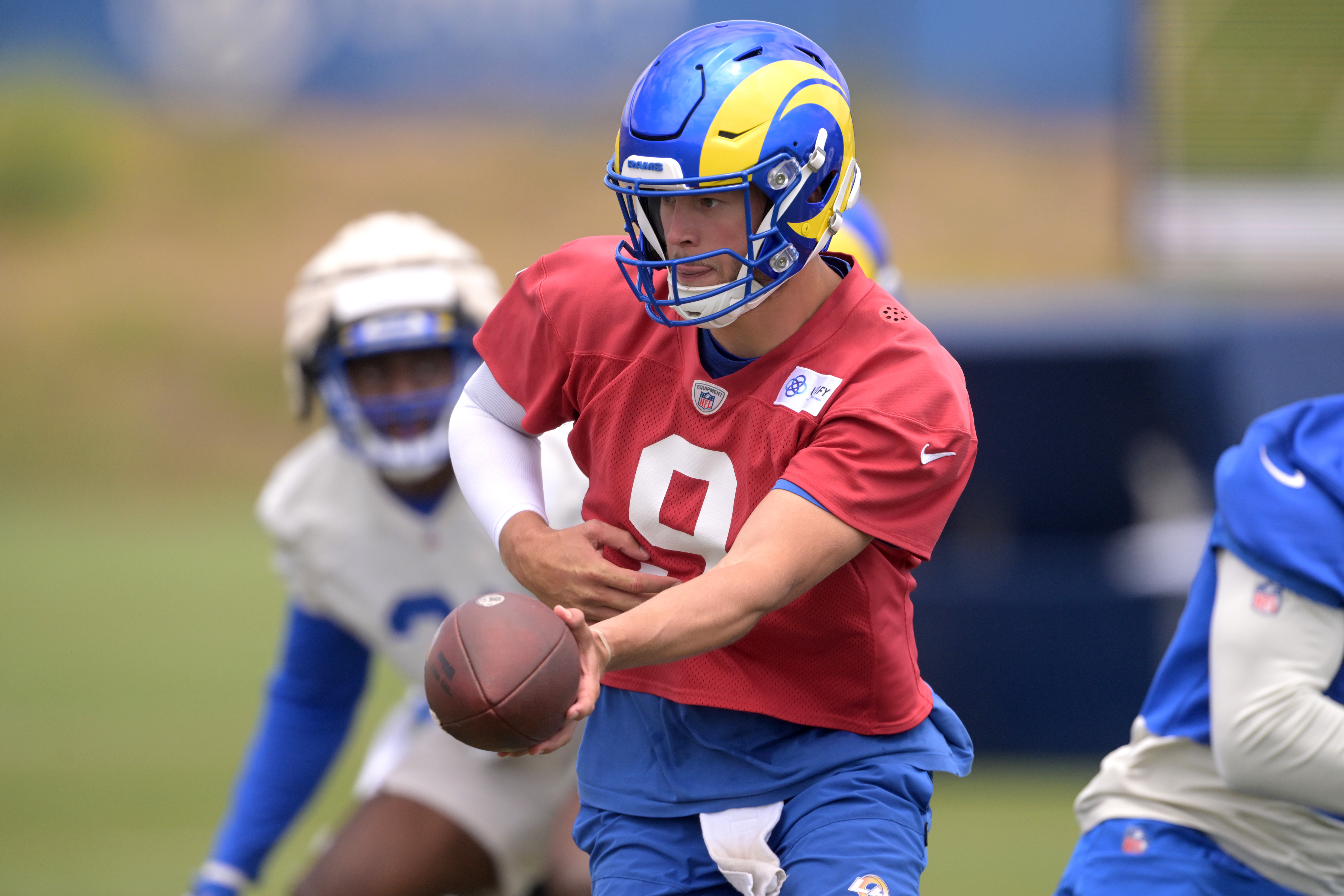 Quarterback Matthew Stafford of the Los Angeles Rams participates in drills during mini-camp at California Lutheran University on June 13, 2023 in Thousand Oaks, California.